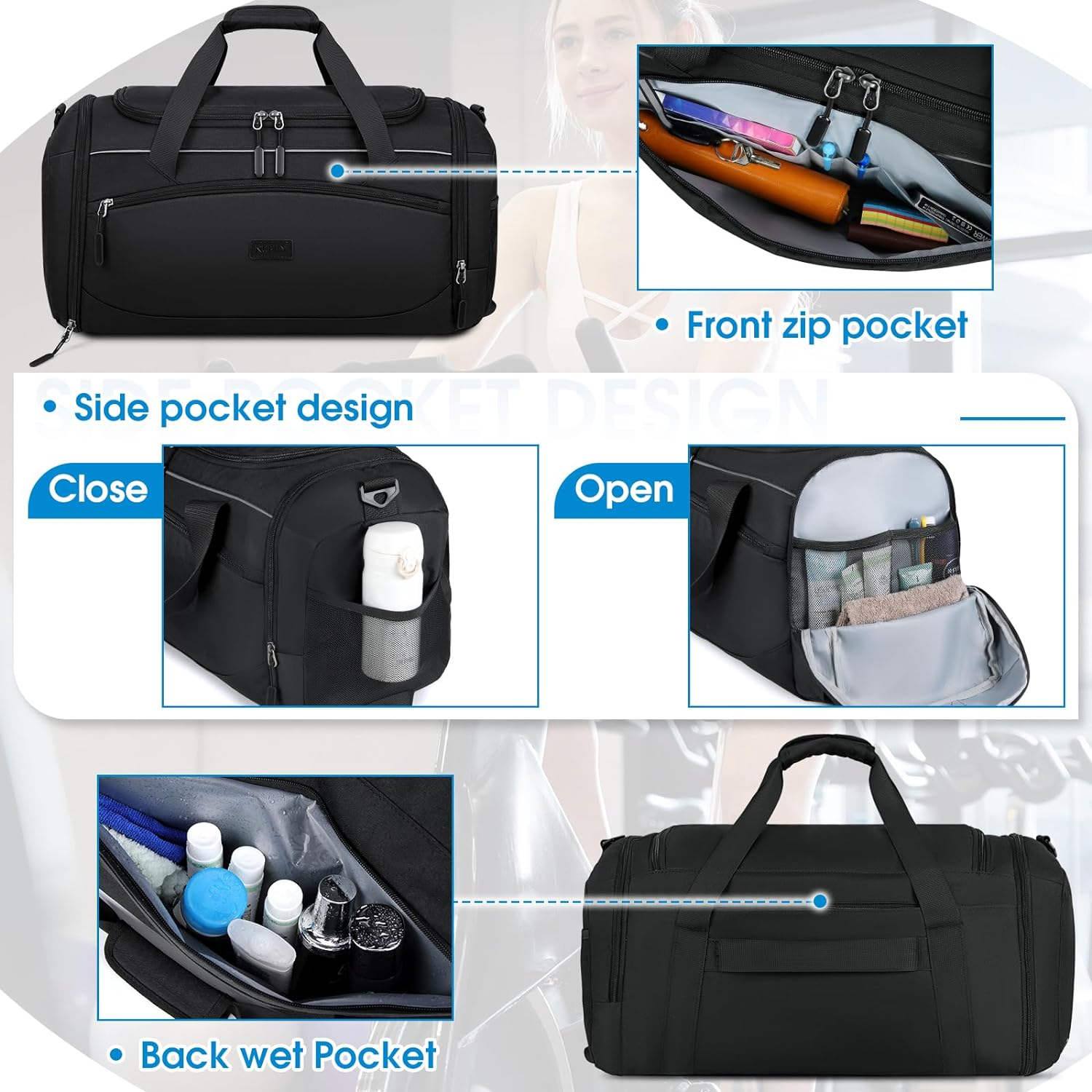 Gym Bag for Men and Women,40L Waterproof Large Sports Bag,Duffle Bag with Shoes Compartment and Wet Pocket,Weekender Overnight Bag,Travel Bag,Black image number 1