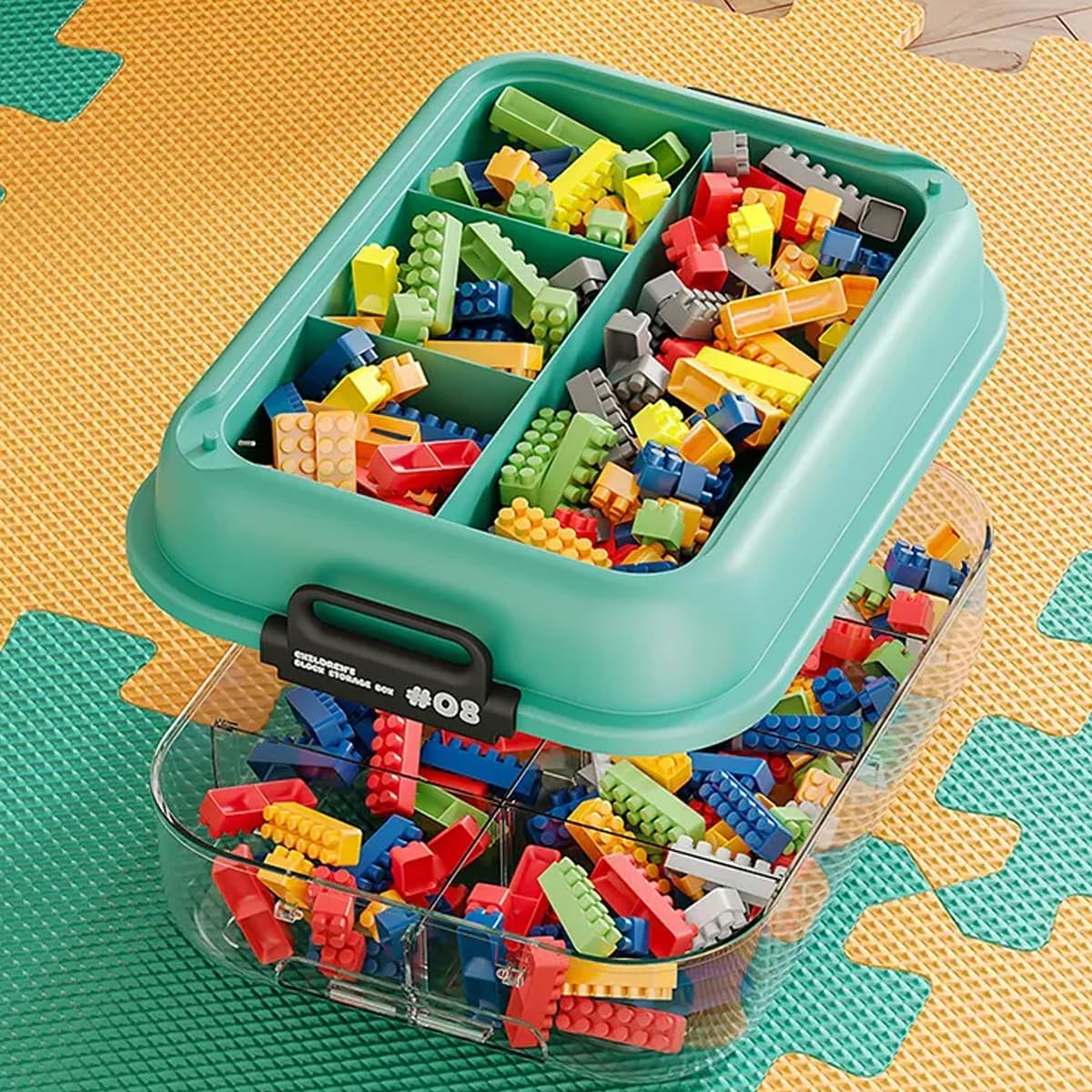 AIMALL Multi-Compartment Toy Storage Box with Small Parts Classification, Building Blocks Storage Box, Sorting Organizer with Large Capacity for Kids - Orange, Green - Orange image number 3