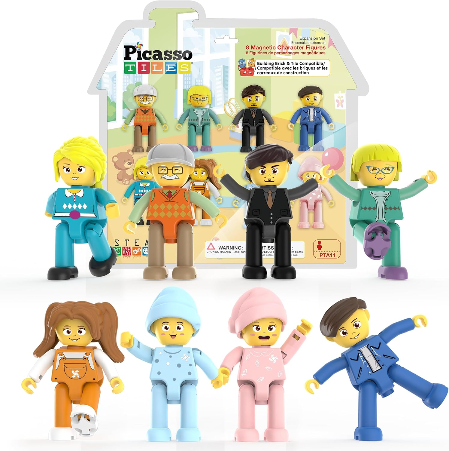 Picasso Toys Magnetic Action Figures 8 Piece Family Character for Construction Building Block Tiles Toddler Toy Set Magnet Expansion Variety Pack Educational STEM Learning Kit Pretend Playset PTA11 image number 1