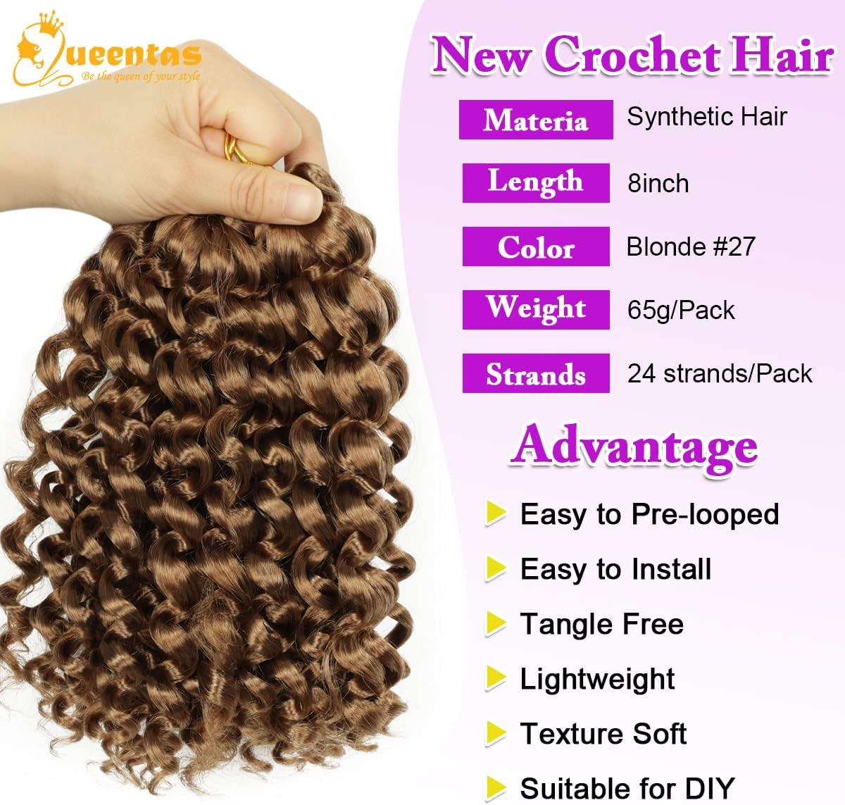 QUEENTAS 8 Inch Crochet Hair Ombre Passion Twist Hair Jamaican Bounce Gogo Curl Faux Locs Crochet Braids Hair Extensions (6 Packs, 27)
