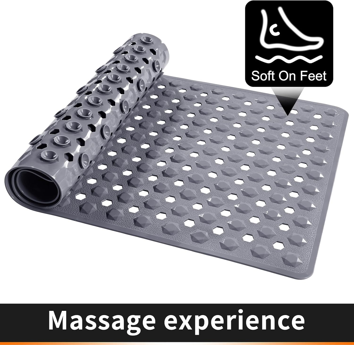 YUTA Bathtub Shower Mat, Non Slip Bath Mats for Tub Floor with Drain Hole and Suction Cups, Soft on Feet, Machine Washable, Easy Dry,40X88Cm Grey