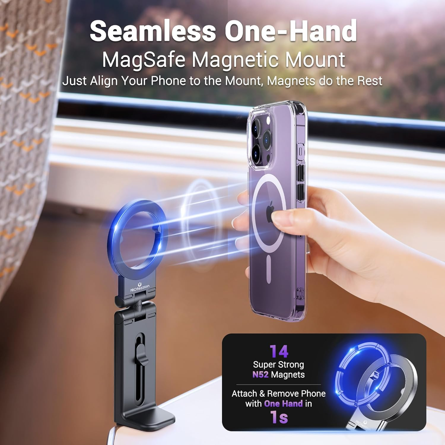 Profezzion Airplane Magnetic Phone Mount Holder, for Iphone 17 Pro Max Iphone 17 16 15 14 plus Handsfree for Seat Back Tray Table, Flexible 360&deg; Rotation, Must Have Travel Essential Accessory -White