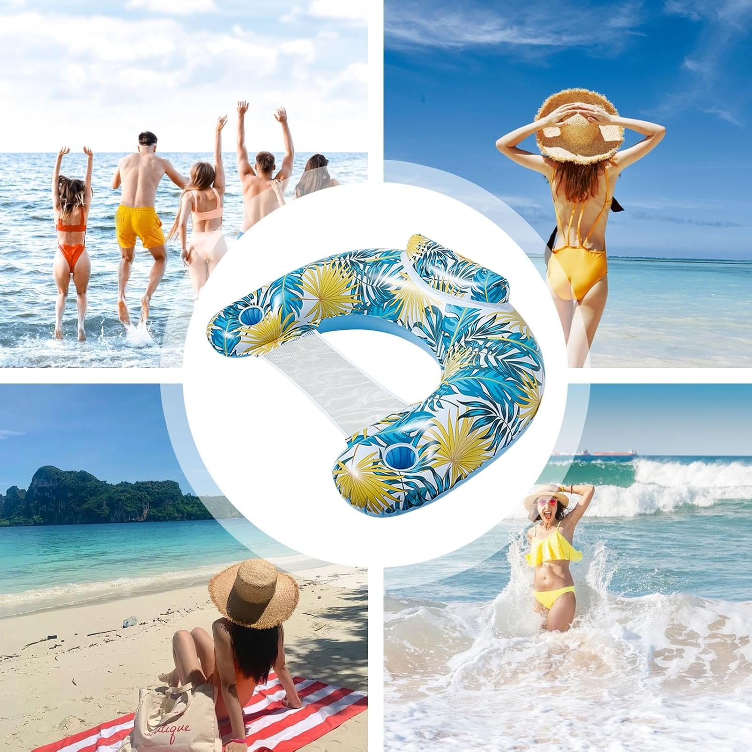 Generic Palm Pool Float,With Cup Holder Floating Mesh Pool Chair | PVC Floating Water Raft, Inflatable Pool Sofa Float Large Size, Single Layer for Beach image number 3