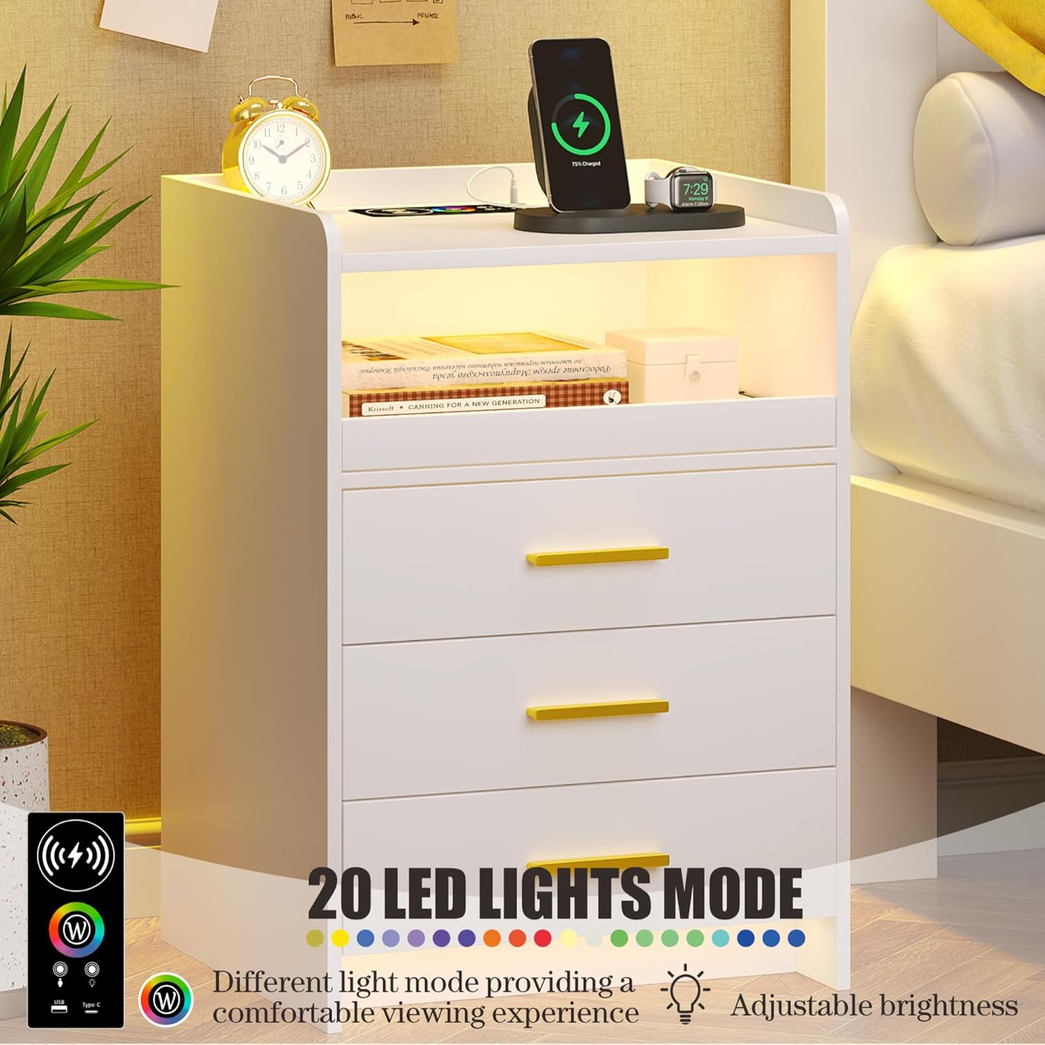 Dystler Nightstand with Wireless Charging Station Bedside Table with RGB Light & Human Sensor Design 3 Drawers LED Modern Night Stand End Table for Bedroom Livingroom Office, White - Black image number 2