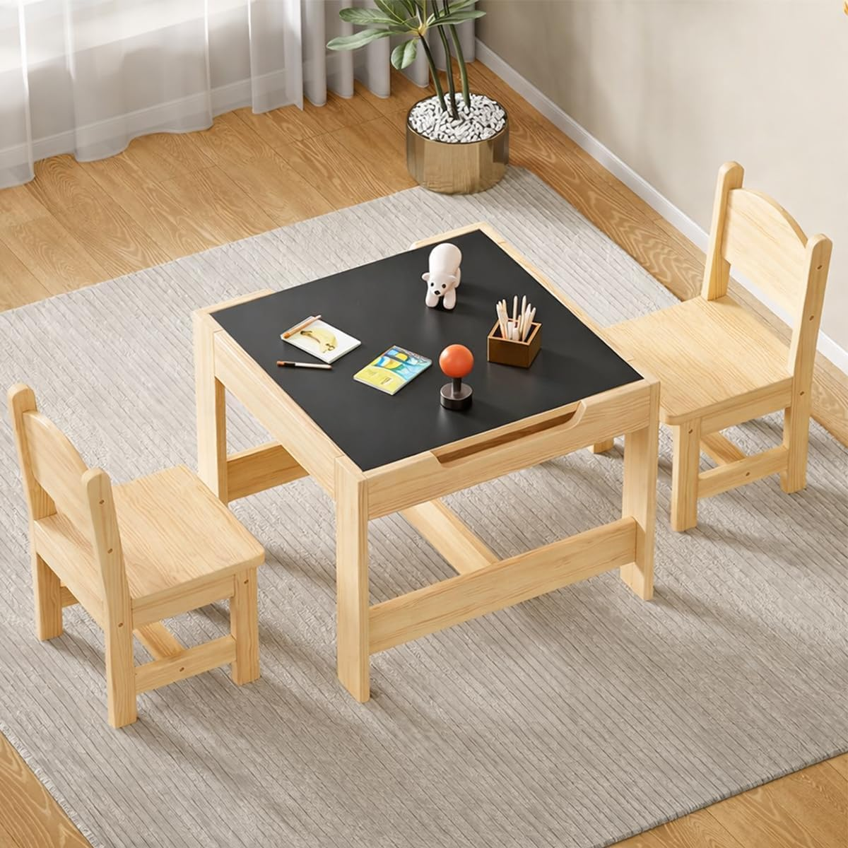 Solid Wood Toddler Table and Chair Set, 60X60Cm, Kids Wooden Table and 2 Chair Set, 3 in 1 Kids Activity Table Set with Storage Drawer for Toddler Reading, Drawing, Playrooms (Natural)