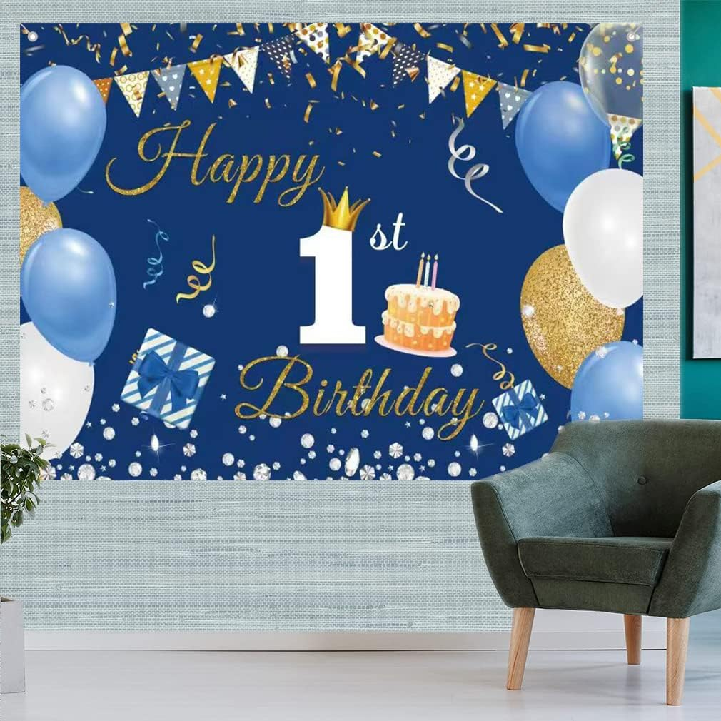 1St Birthday Decorations Happy 1St Birthday Backdrop Party Banner for Boys/Girls Happy 1 Year Old Fabric Sign Poster, Blue Photography Background First Birthday Party Supplies, 59"X35.4" image number 1