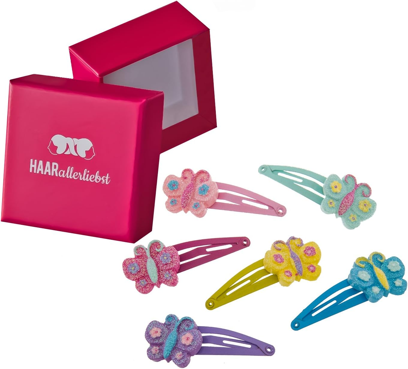 Haarallerliebst Hair Clips Set (6 Pieces | Glitter Butterflies | Colourful) for Girls with Storage Box (Rainbow - Pink)