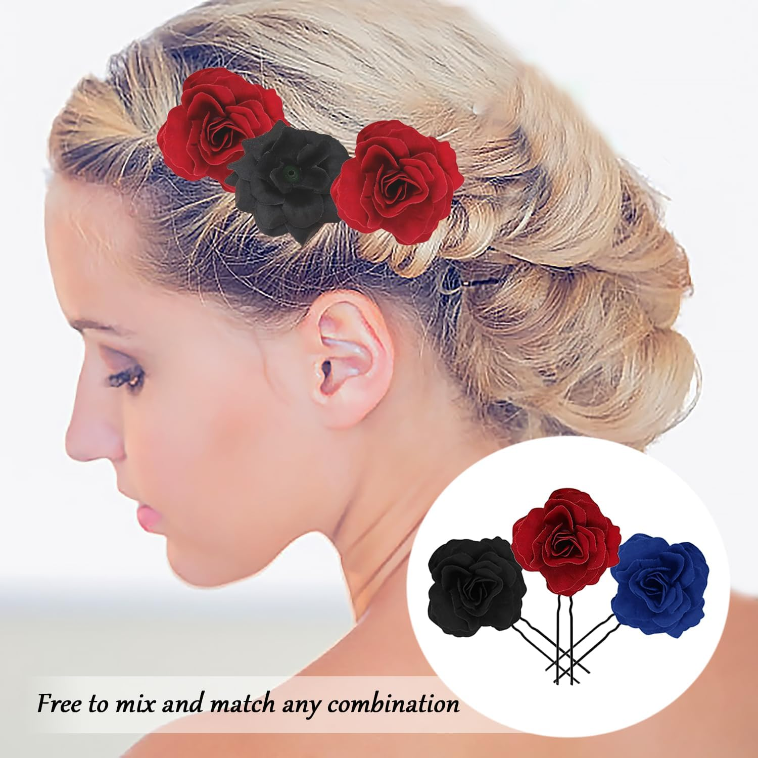 TRKETK Pack of 12 Rose Flower Hairpin, U Shaped Bridal Headpiece, Retro Flower Hairpins, Wedding Rose Hair Clips, Bridal Hair Accessories, Pin Brooch Wedding for Parties, Weddings, Dances image number 5