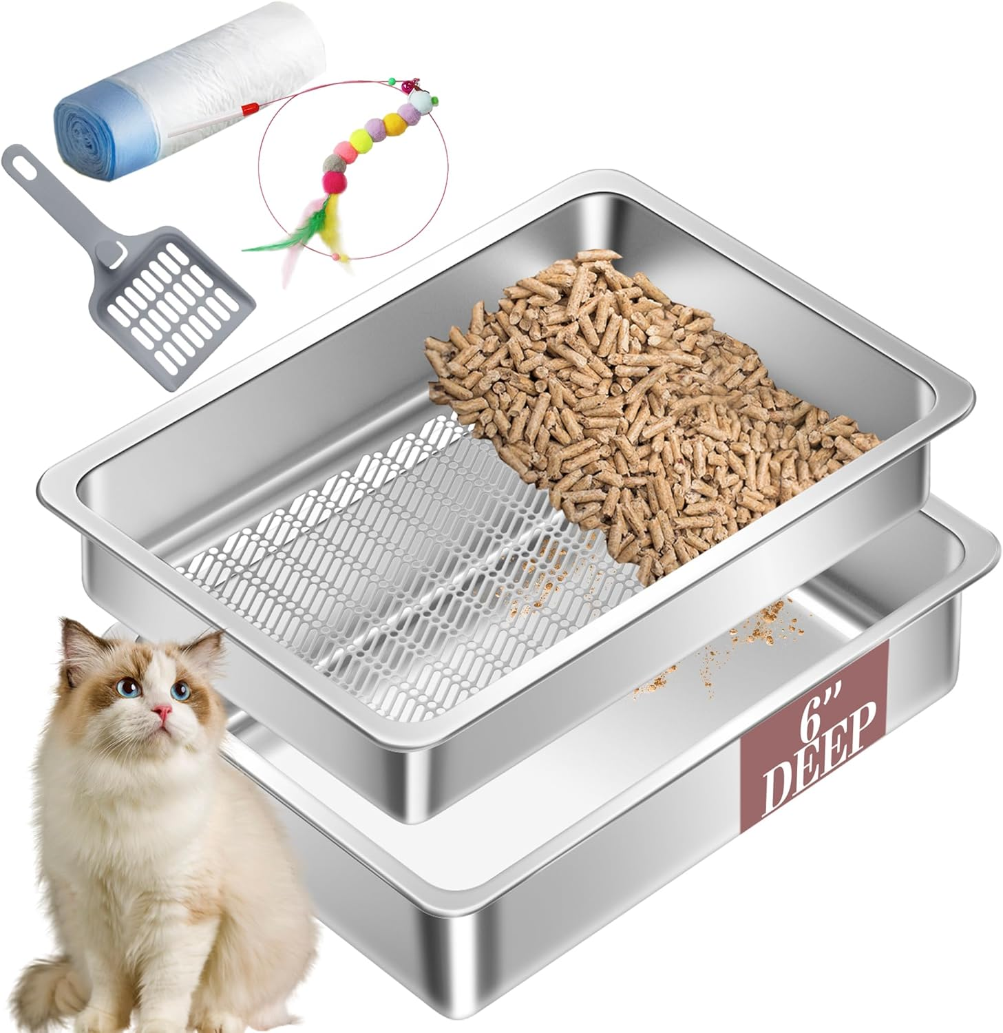 Stainless Steel Sifting Small Cat Litter Box for Pine Pellets,Metal Kitten Litter Box Sifter Pan with Litter Scoop, Low Dust, Odor Control, Easy Cleaning