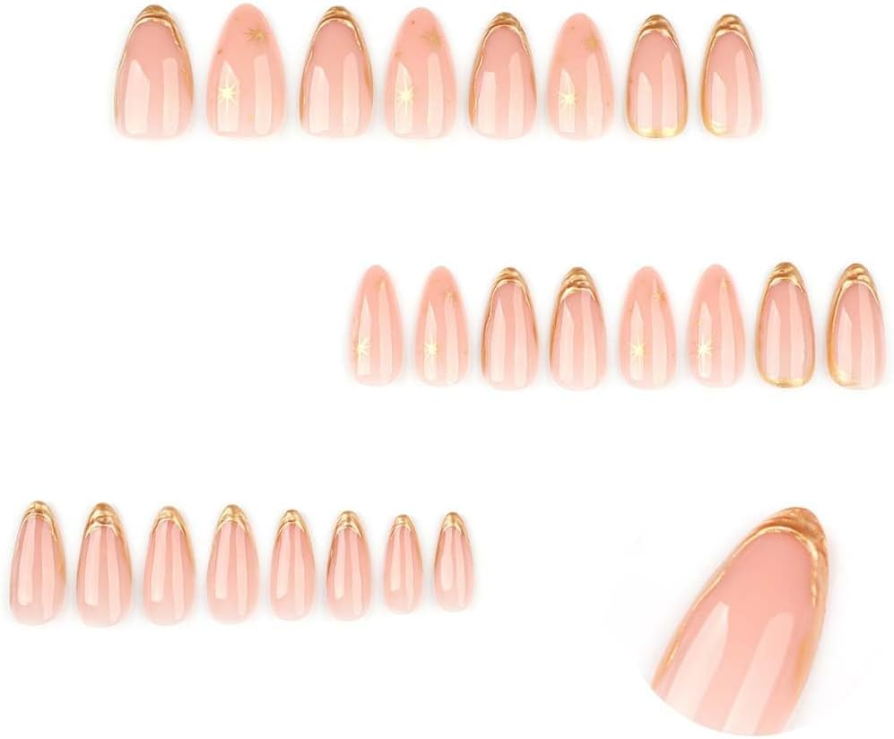 Foccna Press on Nails Almond Fake Nails with Gold Line Design Glue on Nails Acrylic Nails Glossy Full Cover Stick on Nails for Women 24Pcs