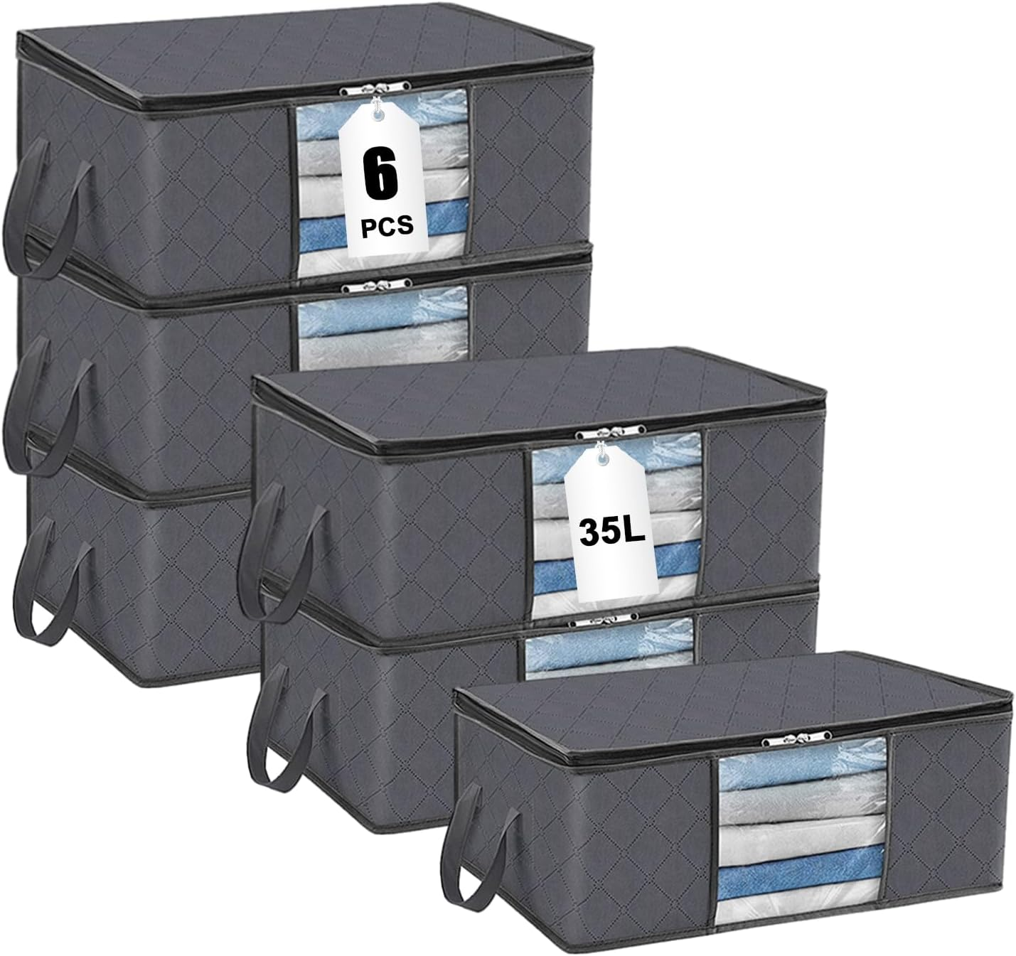 LAMCAN 6 Pack Linen Storage, 35L Storage Bags, Foldable with Reinforced Handle. Wardrobe Clothes Organiser, with Transparent Window, for Organizing Bedrooms, Closets, Clothing, Quilts, Organization image number 3