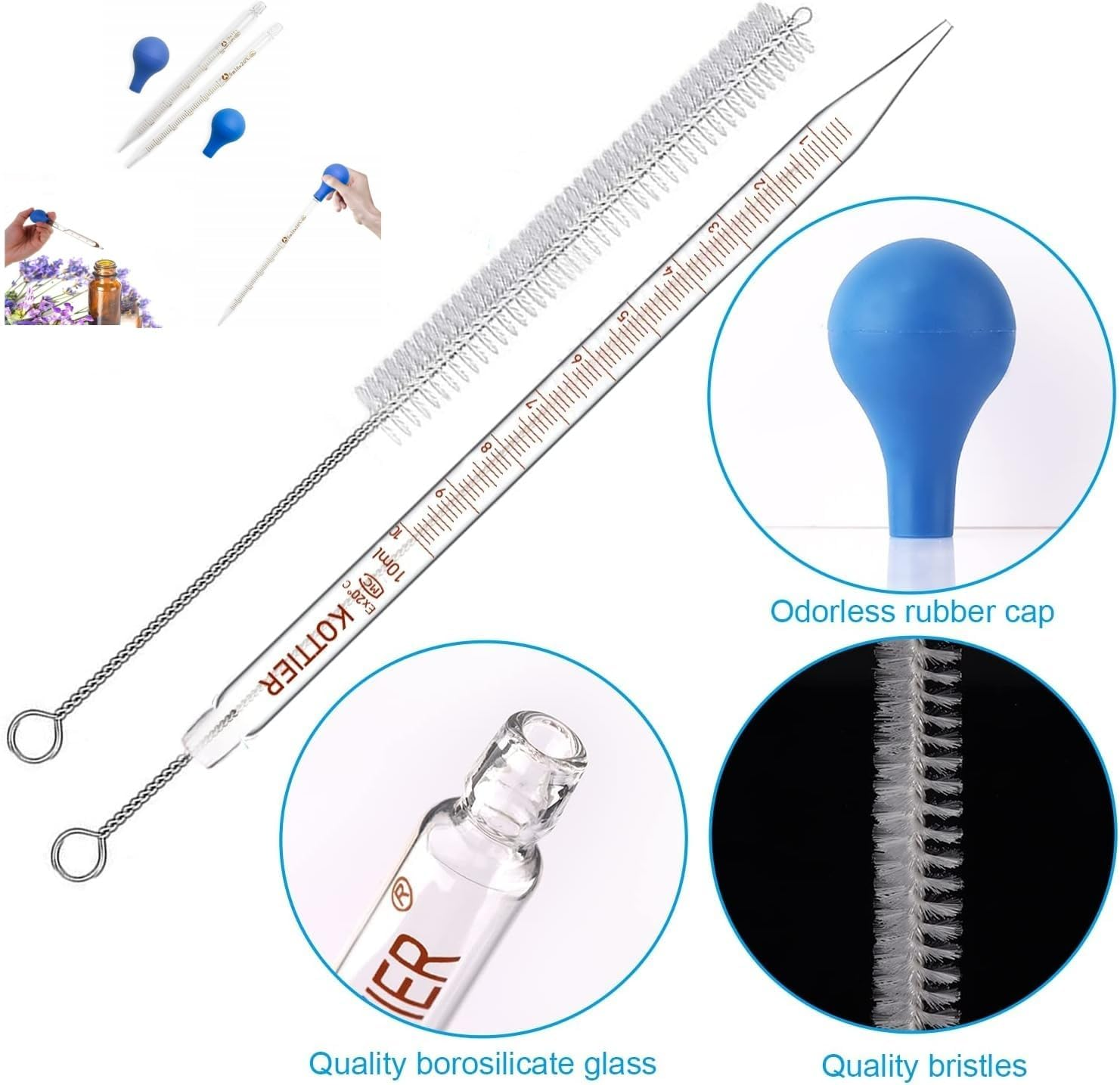Beiqilian 6 Pieces Glass Pipettes Graduated Dropper, 5Ml/10Ml Glass Pipettes Graduated Dropper,Long Glass Pipette Dropper with 6 Rubber Caps and 1 Pcs Droppers Brush,Used to Transfer Liquids image number 1