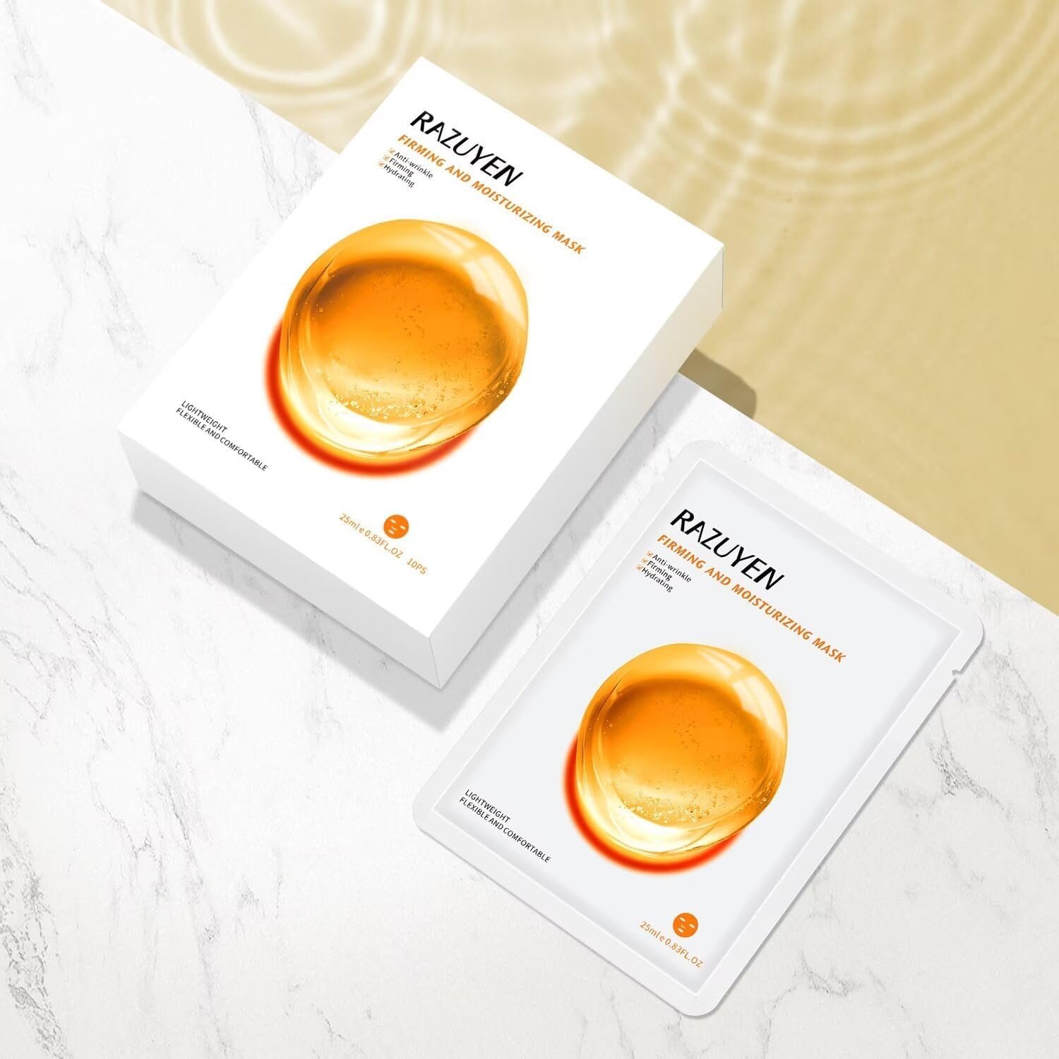 RAZUYEN Firming and Moisturizing Sheet Face Masks with Hyaluronic Acid and Peptides, Reduce Fine Lines and Wrinkles, Hydrating & Anti-Aging Spa Face Mask, Facial Skin Care (Pack of 10) - Yellow image number 6