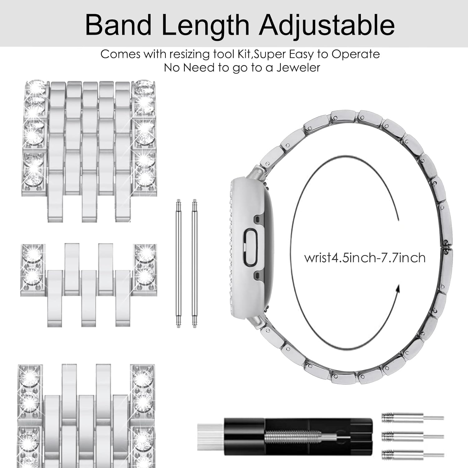 MOFREE Compatible for Fitbit Versa 4 Bands/Fitbit Sense 2 Bands Women with Hard Bling Bumper Protective Case Cover, Dressy Jewelry Diamond Rhinestone Metal Wristband for Fitbit Versa 4/Sense 2 image number 5