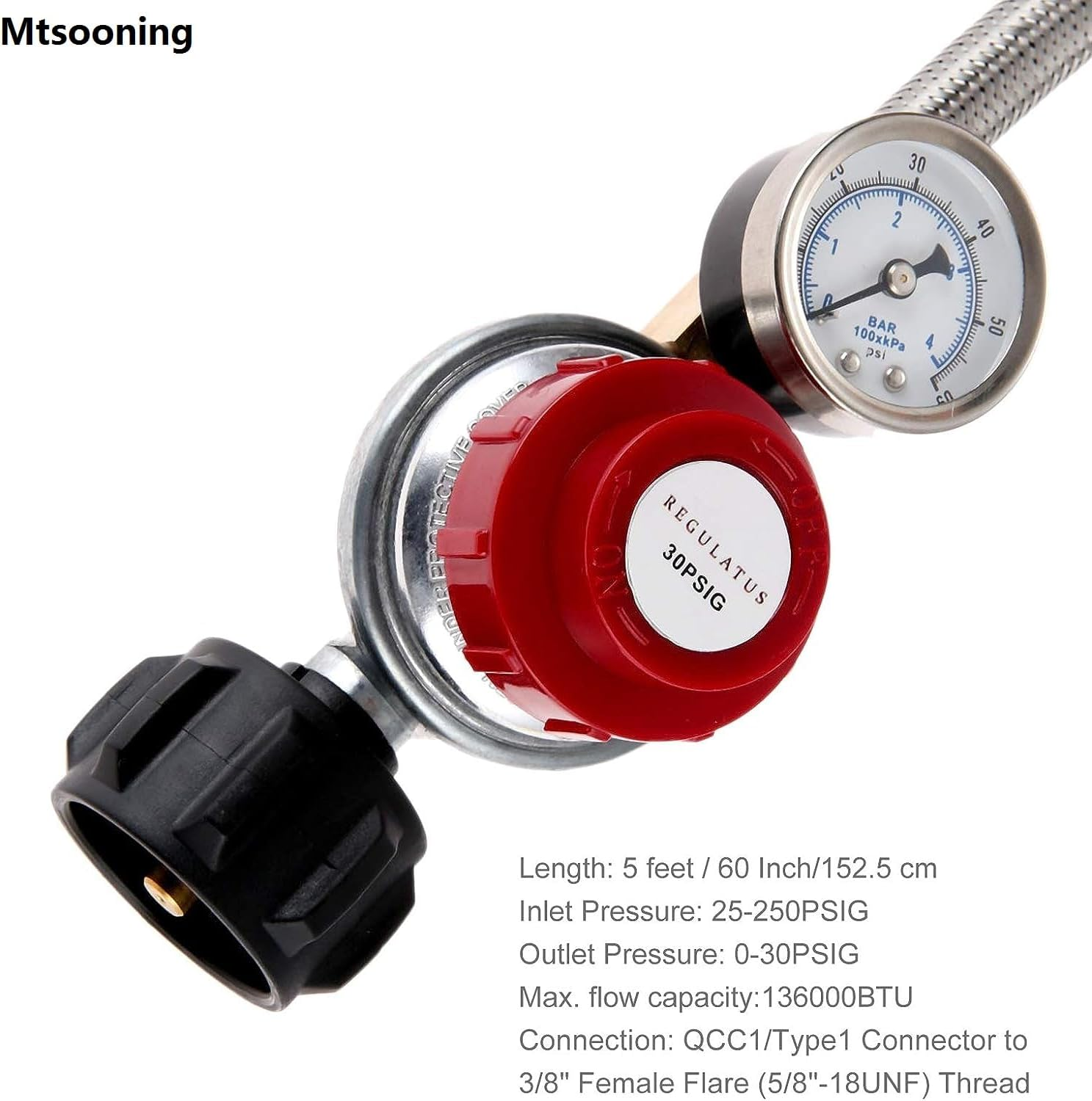 Mtsooning 0-30 PSI High Pressure Adjustable Propane Regulator with Stainless Steel Braided Hose& Gauge, 60&rsquo;&rsquo; Hose Qcc1/Type1 to 3/8" Female Flare, for BBQ Fire Pit Gas Stove Forge Smoker Turkey Fryer image number 5