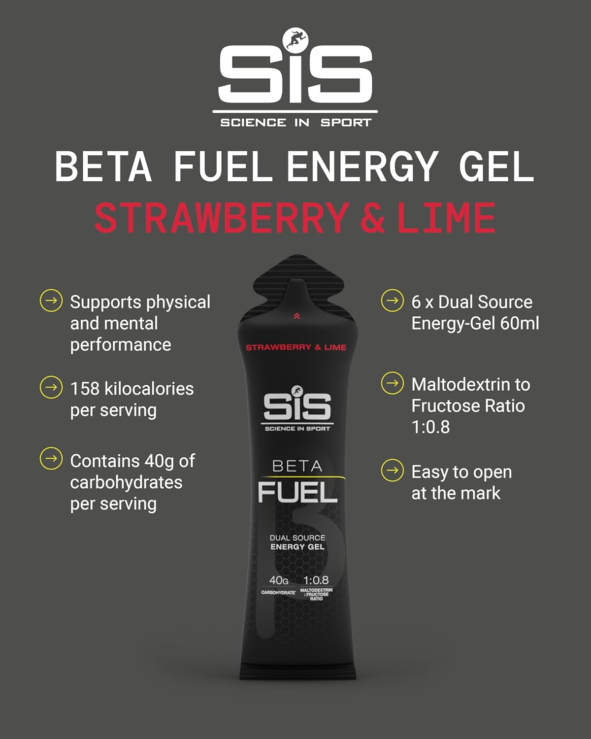 SIS Beta Fuel Dual Source Energy Gels - Fast Energy Fuel with Carbs for Endurance Running & Cycling - Strawberry & Lime Flavour, 60Ml, Pack of 6 image number 3