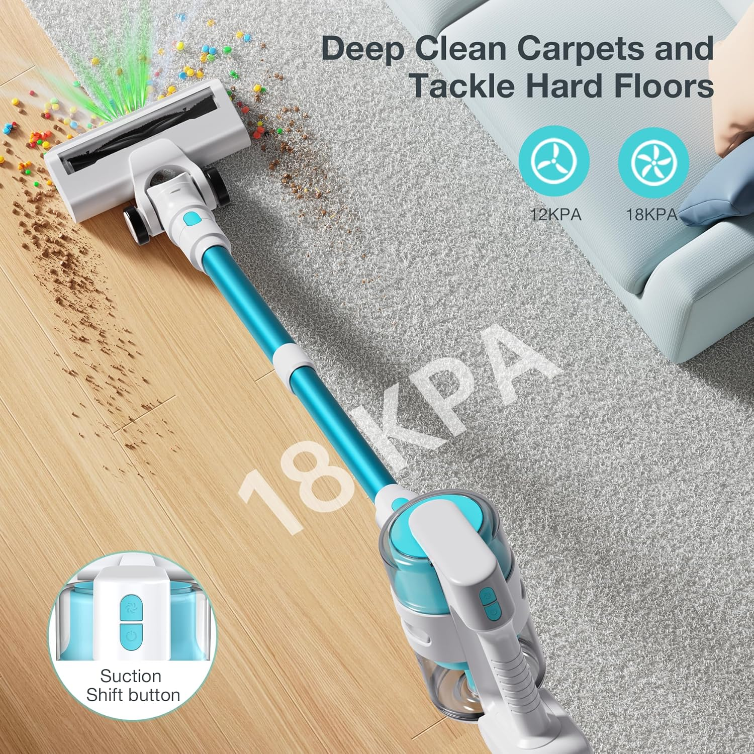 Cordless Vacuum Cleaner, 4-In-1 Lightweight Vacuum Cleaner, 18Kpa / 300W 2-Speed Power with 40-Minute Run Time with Type-C Charger, Tangle Resistant for Pet Hair, Hard Floors and Carpets. image number 1
