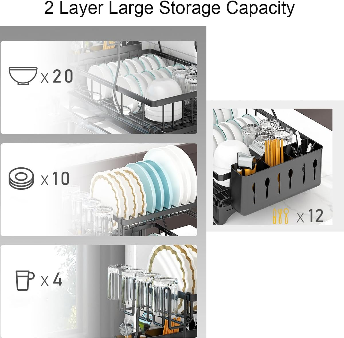 2 Tier Dish Drying Rack, Stainless Steel Dish Rack with Rotating Drainer Board, Durable Large Plate Rack with Cutlery Holder and Cup Rack for Kitchen Storage & Organisation (Black-02) image number 4