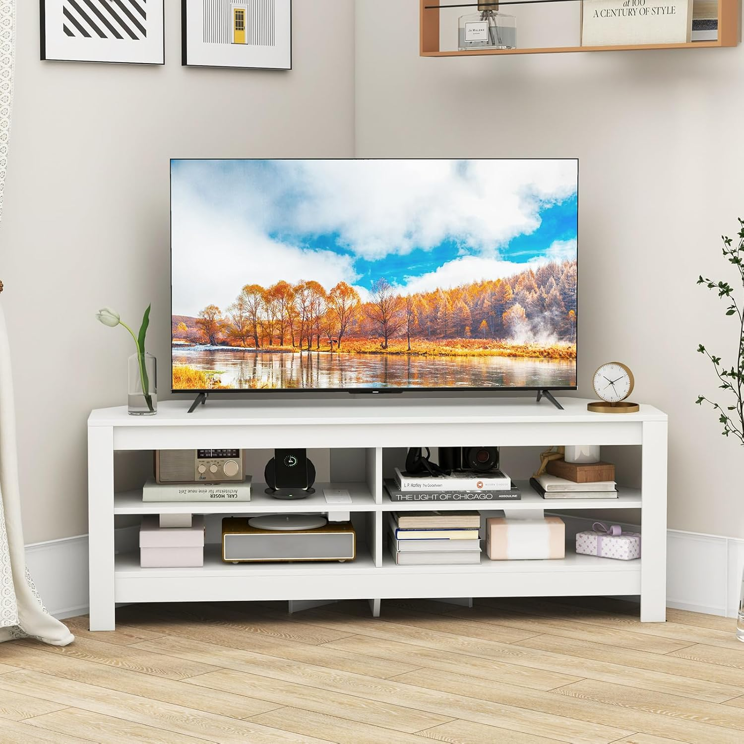 Giantex Corner TV Stand with Power Outlet, 3-Tier Entertainment Center with 4 Open Storage Shelves, 140CM Multifunctional Console Table for up to 65 Inch TV, for Living Room & Bedroom (White) image number 1