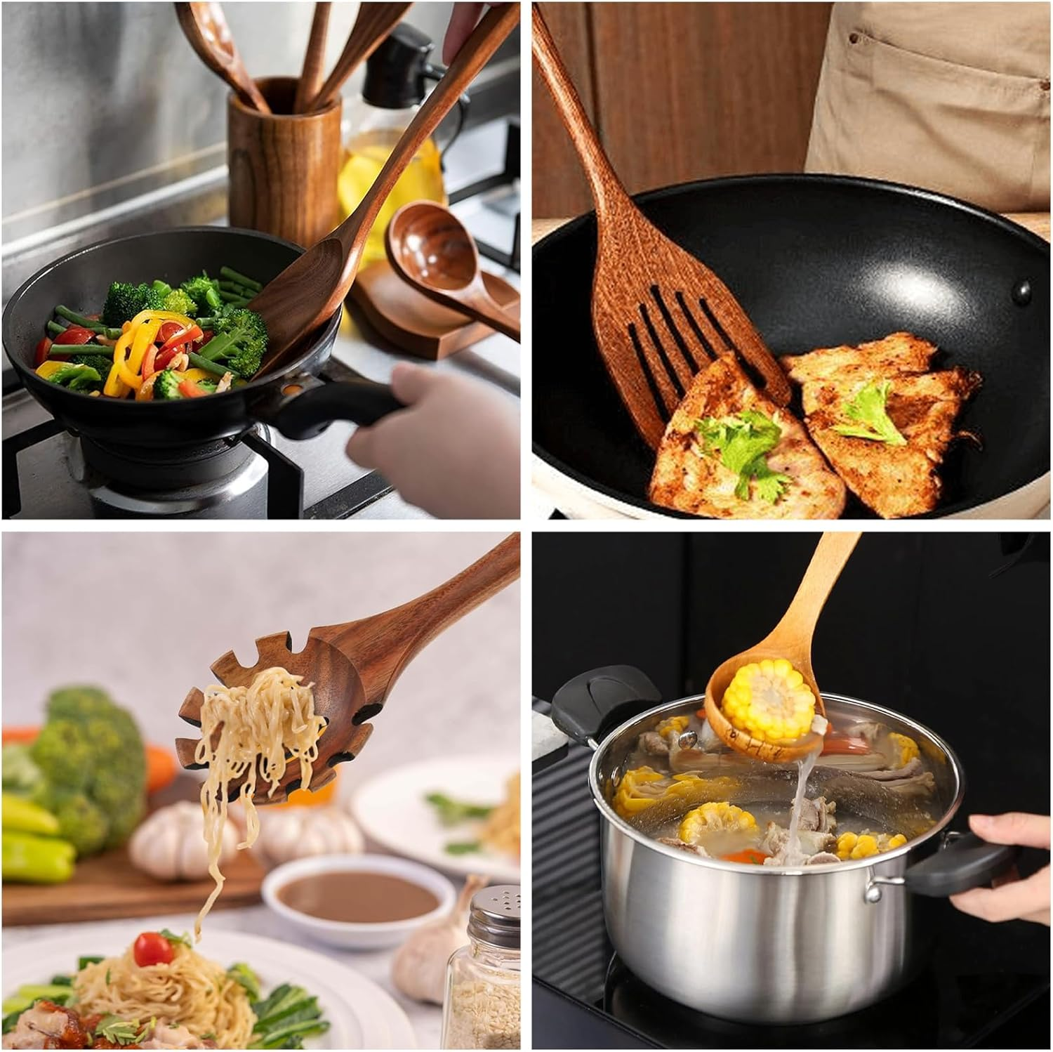 CATZONS Wooden Spoons for Cooking, Teak Wooden Kitchen Utensil Set - with Holder & Spoon Rest, Smooth Finish Comfort Grip Teak Wooden Spatula Set, 7 PCS Set image number 1