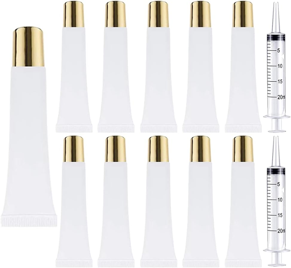 AMORIX 50PCS Lip Gloss Tubes 20Ml Pink Cap Lip Gloss Containers Empty Lip Balm Tubes Refillable Cosmetic Squeeze Lipgloss Tubes + 2 X 20Ml Syringes Tag Labels for DIY Lip Gloss Glitter