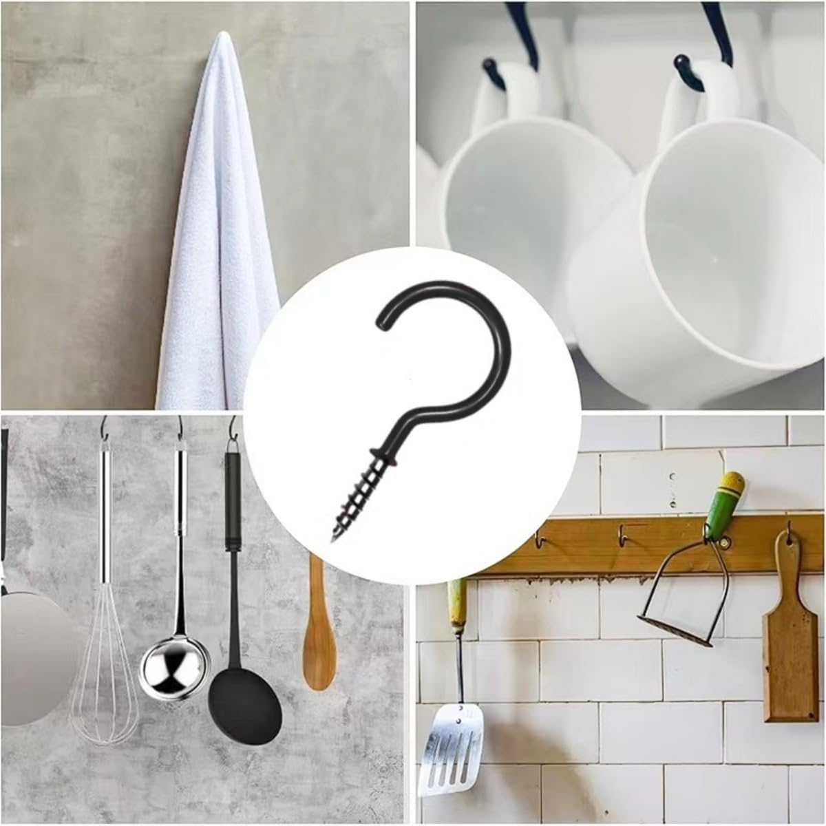 Greenlux 75Pc Black Metal Screw Hooks, Heavy Duty, Holds up to 35Lbs, Indoor/Outdoor, Wall Mount, Decorative Black, for Hanging Mugs, Lamps, Curtains, Etc.