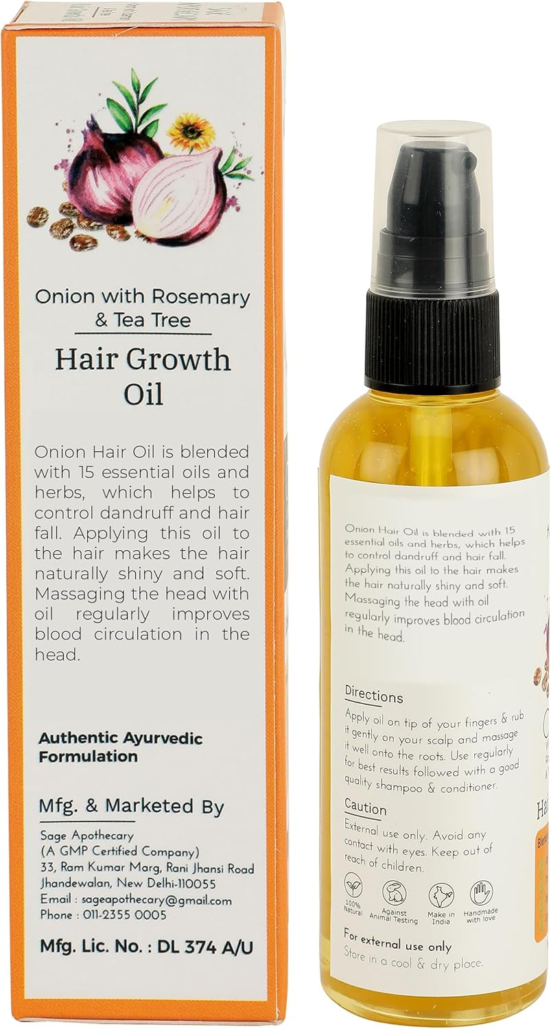 Sage Apothecary 100% Natural Onion, Rosemary & Tea Tree Hair Oil | Conditions Hair from Root | Control Dandruff & Hair-Fall | Pack of 100ML image number 4