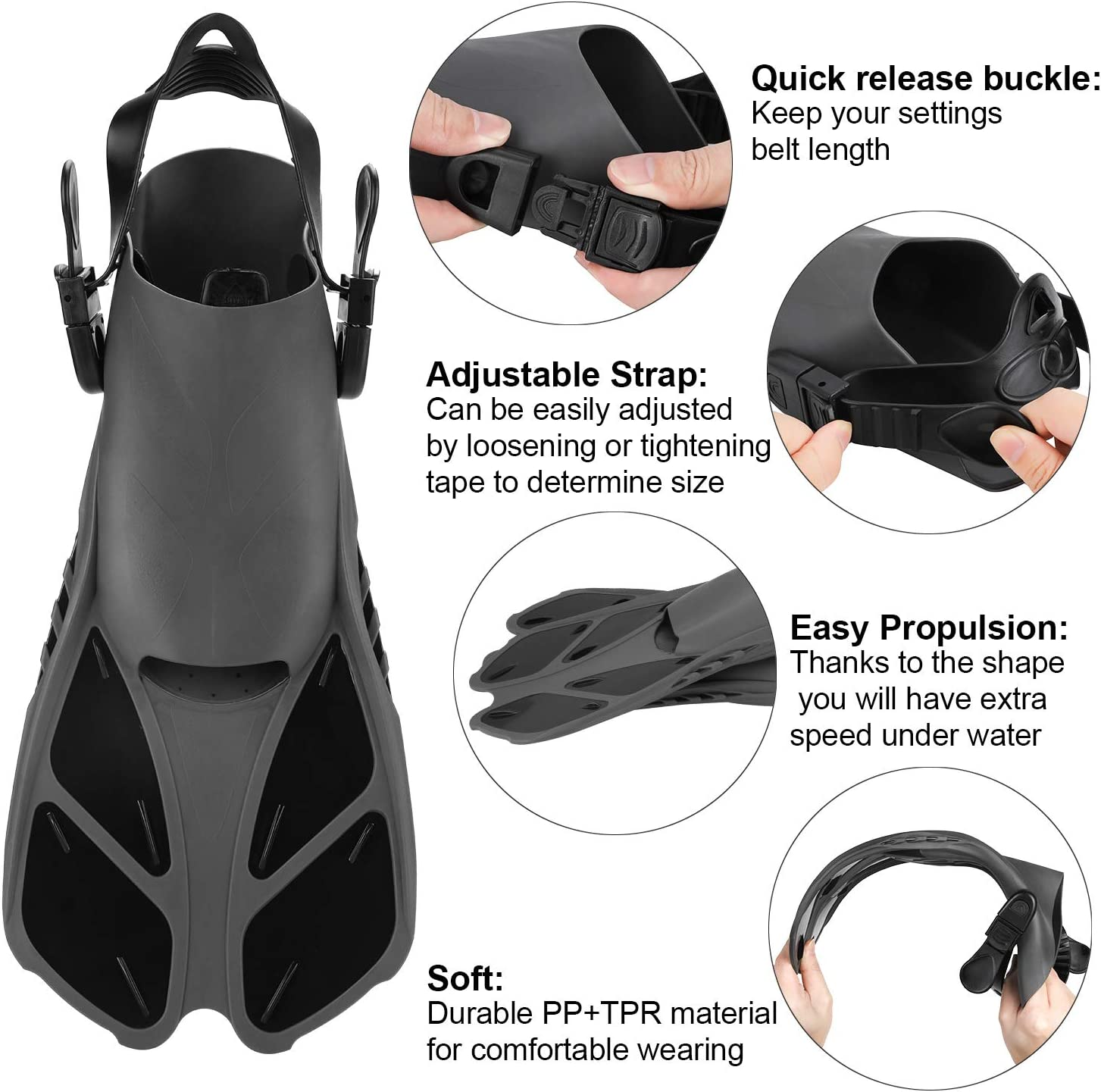 Oumers Snorkel Fins, Travel Size Adjustable Strap Diving Flippers with Mesh Bag and Extra Buckle Connector for Men Women Snorkeling Diving Swimming image number 5