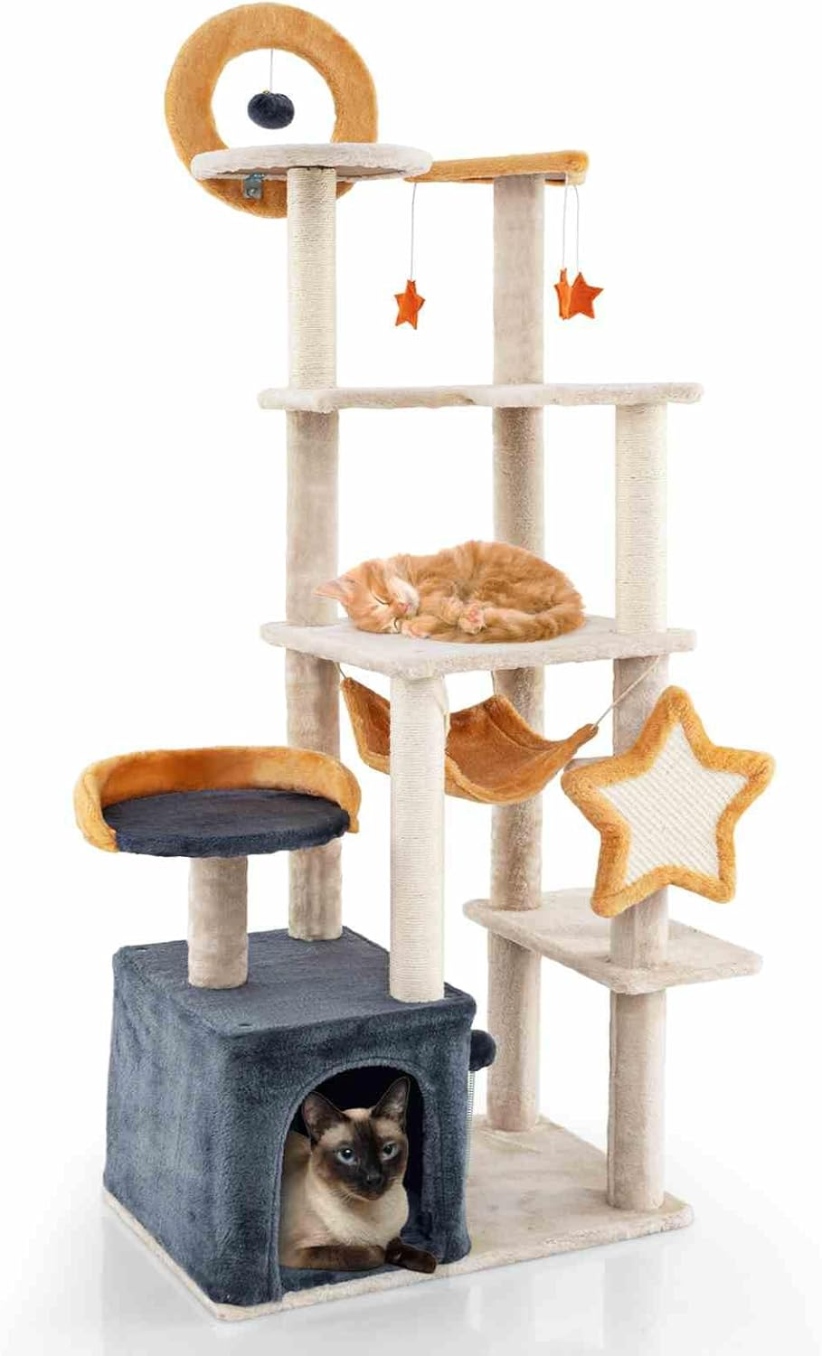 Costway 160Cm Cute Cat Tree for Indoor Cats, Multi-Level Cat Tower W/Sisal Scratching Posts & Board, Condo, Plush Perch & Platforms, Hanging Toys, Spring Ball, Large Kitty Activity Center image number 5