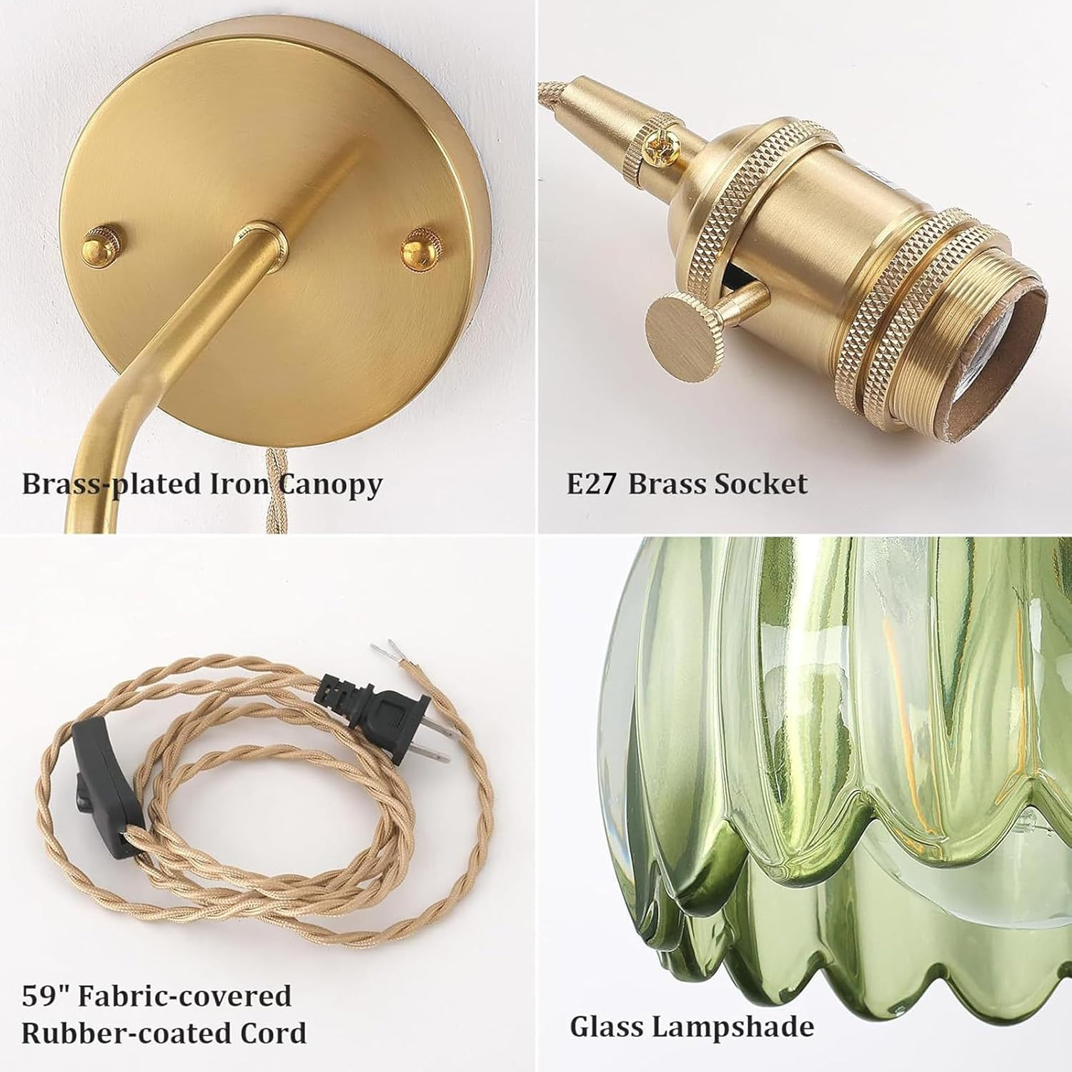 Wall Light Plug in Vintage E27 Wall Lamps with Plug in Cord Lights with Switch Indoor Wall Sconces with Tulip Glass Lampshade for Living Room Bedroom Hallway Stairs (Bronze,A) XXZ image number 1