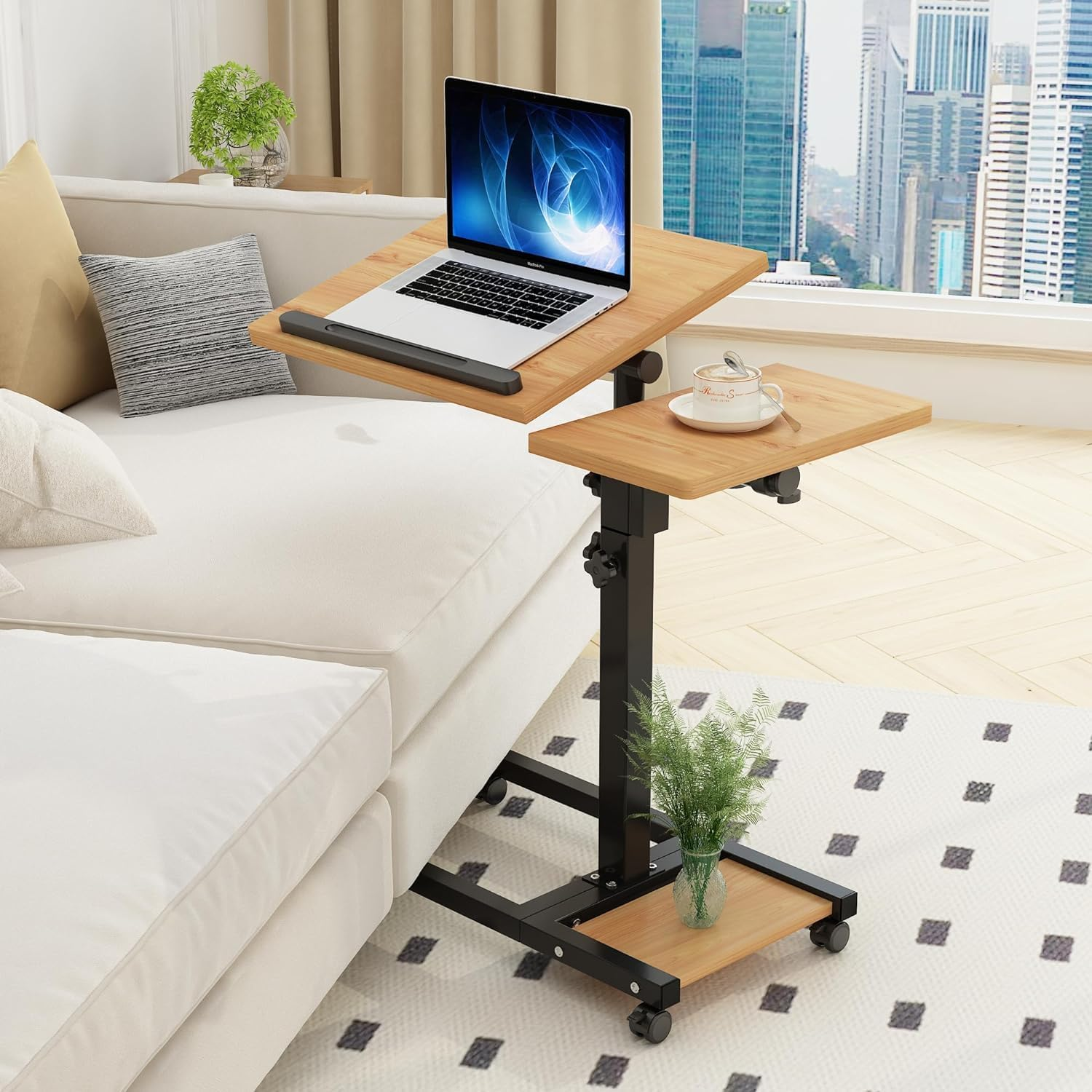 Laptop Desk Laptop Stand for Bed Portable Desk Overbed Bedside Table Mobile Rolling Foldable Table Adjustable Height with Locked Wheels & Mouse Pad for Bed Office Sofa - Natural Color image number 2