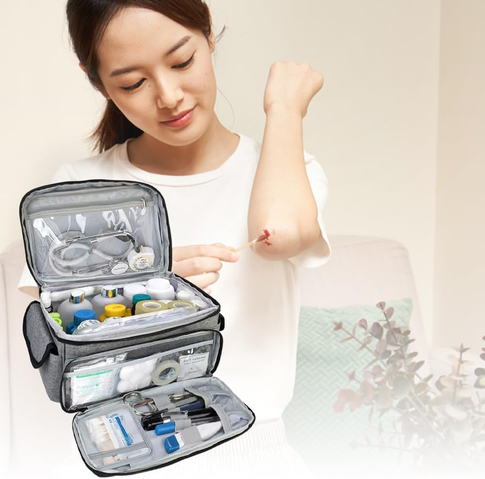 Portable Medical Storage Case, Large Capacity Medicine Supply Organizer Box, with Handle & Compartments for Home, Travel, Car Emergency Kit (Gray) image number 1