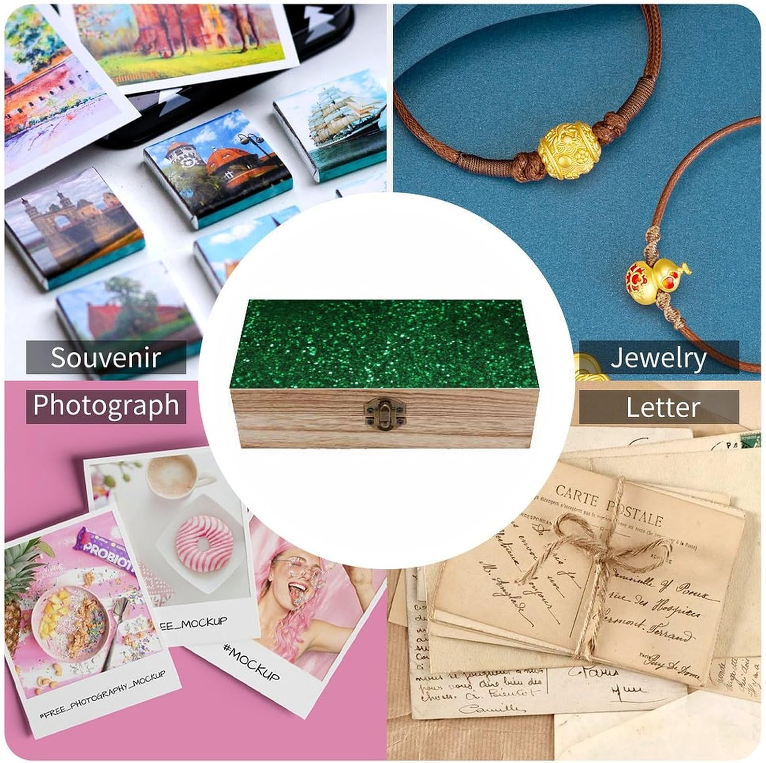 Green Sequin Sparkle Wooden Box Wood Wedding Keepsake Boxes with Lids Small Decorative Boxes Lightweight Wooden Memory Storage Box for Crafts Keepsakes Jewelry Photo Letter Storage image number 2