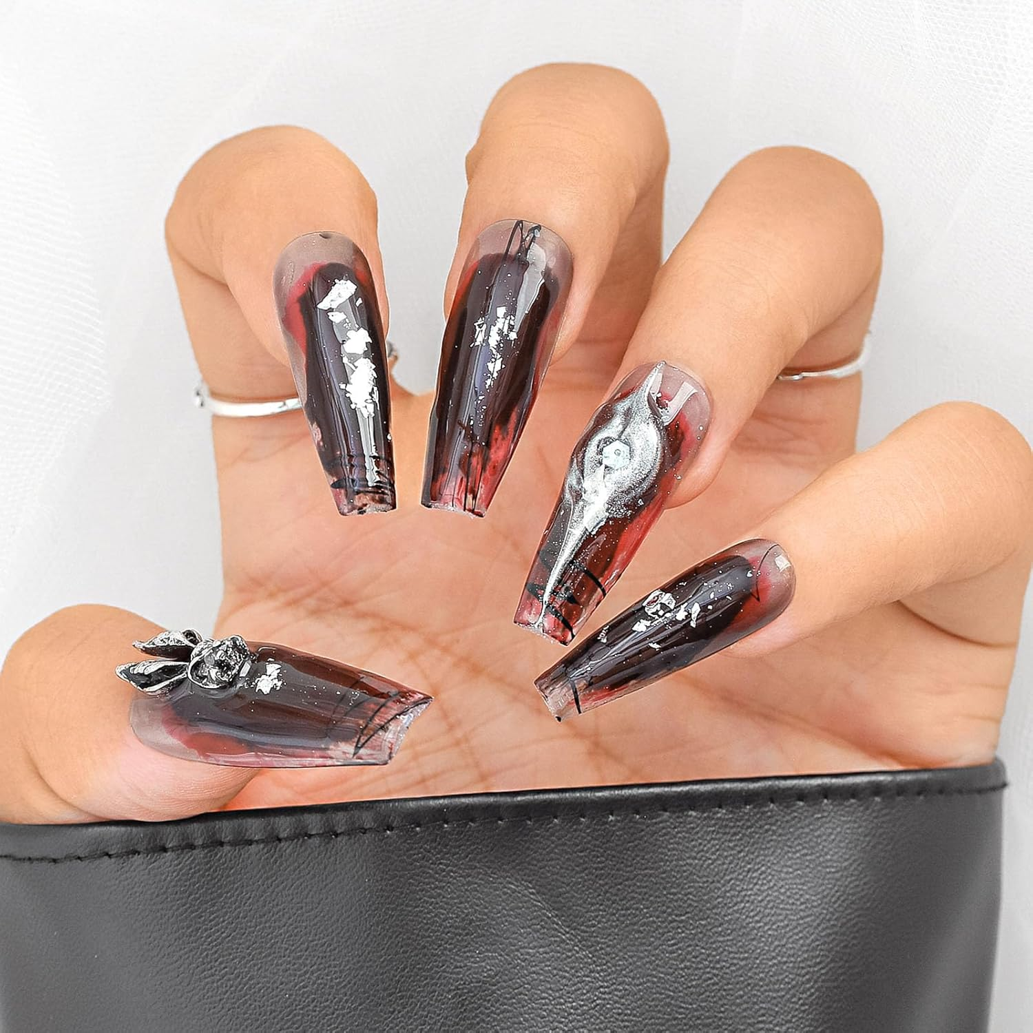 Sethexy Long Ballerina Handmade Press on Nails Glitter Gothic False Nails Red Painted Glossy Fake Nails Salon Quality for Women and Girls 20PCS (N)