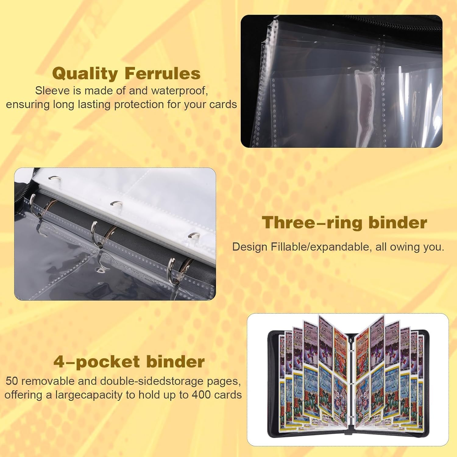 Card Binder,400 Pockets Card Holder Album, Trading Card Binder Display Storage Carrying Case Whith 50 Removable Sleeves for Standard Size Cards 4 Pocket (Black) image number 3