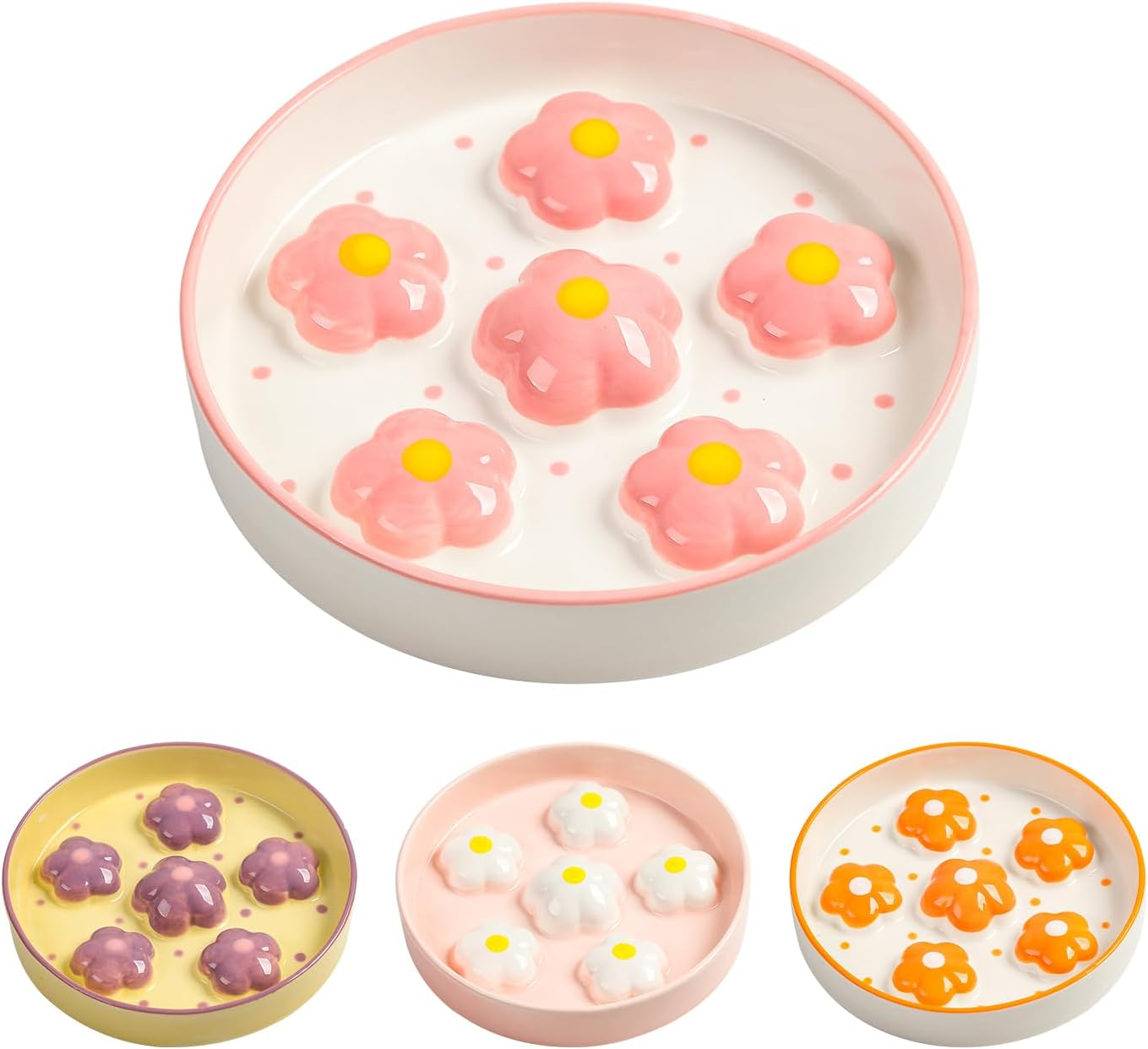 Ceramic Slow Feeder Bowl for Cats - Healthy Eating Colorful Design - Cute Food Plate Puzzle Feeder Dish - Dishwasher Safe - 6.3" W X 1.2" H - 6 OZ - Yellow Flowers