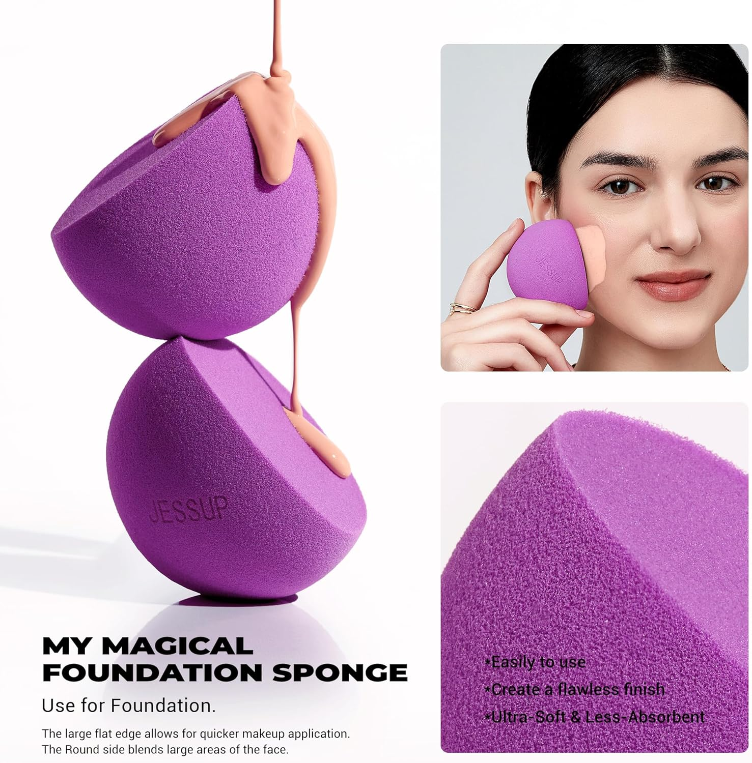 Jessup Makeup Sponge Set, 3Pcs Make up Sponges for Face Foundation Concealer Contour and Blusher, Purple SP017 image number 5