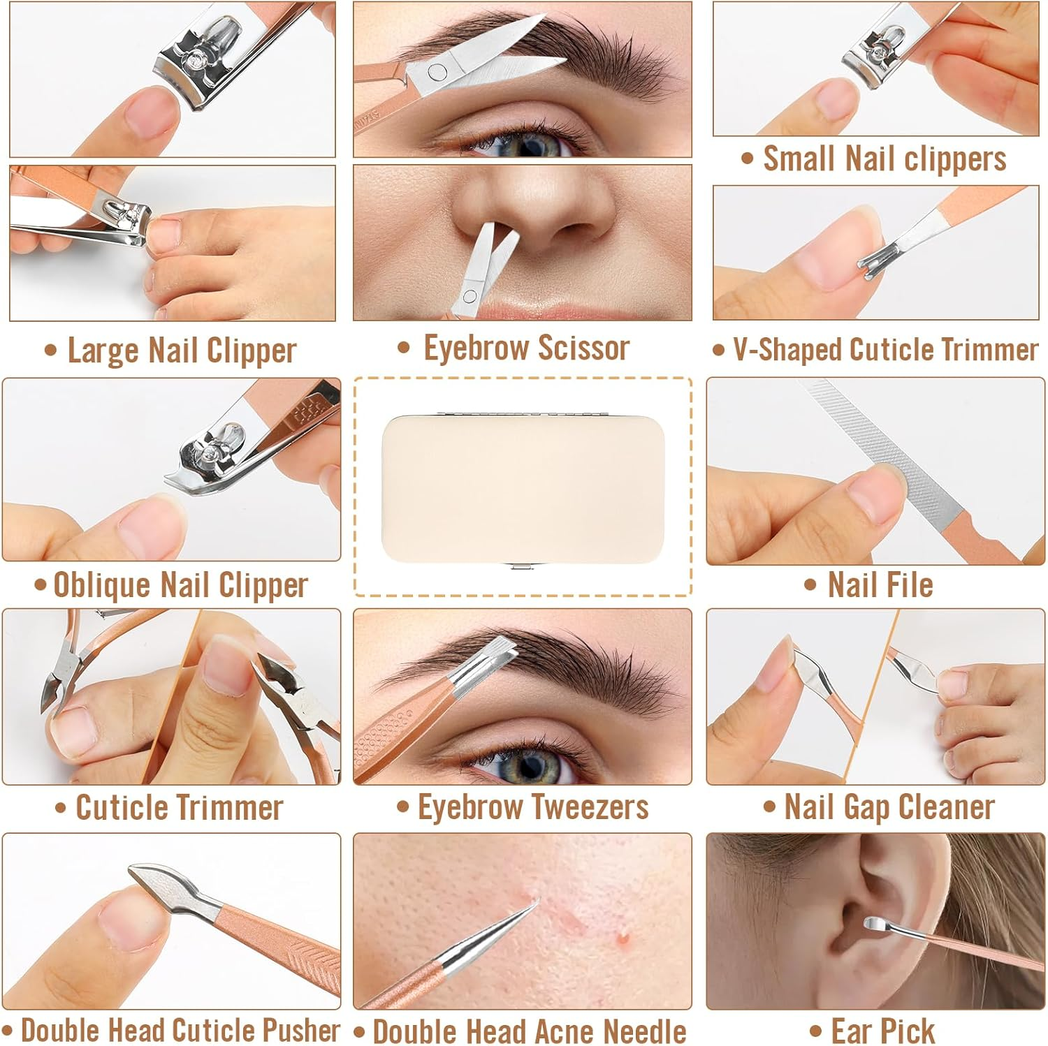 Nail Clippers Set Manicure Pedicure Kit - Manicure Set Women Professional Stainless Steel Pedicure Nail Clipper Tools Aceoce Travel Luxury with Grooming Travel Leather Rose Gloden-12Pcs image number 3