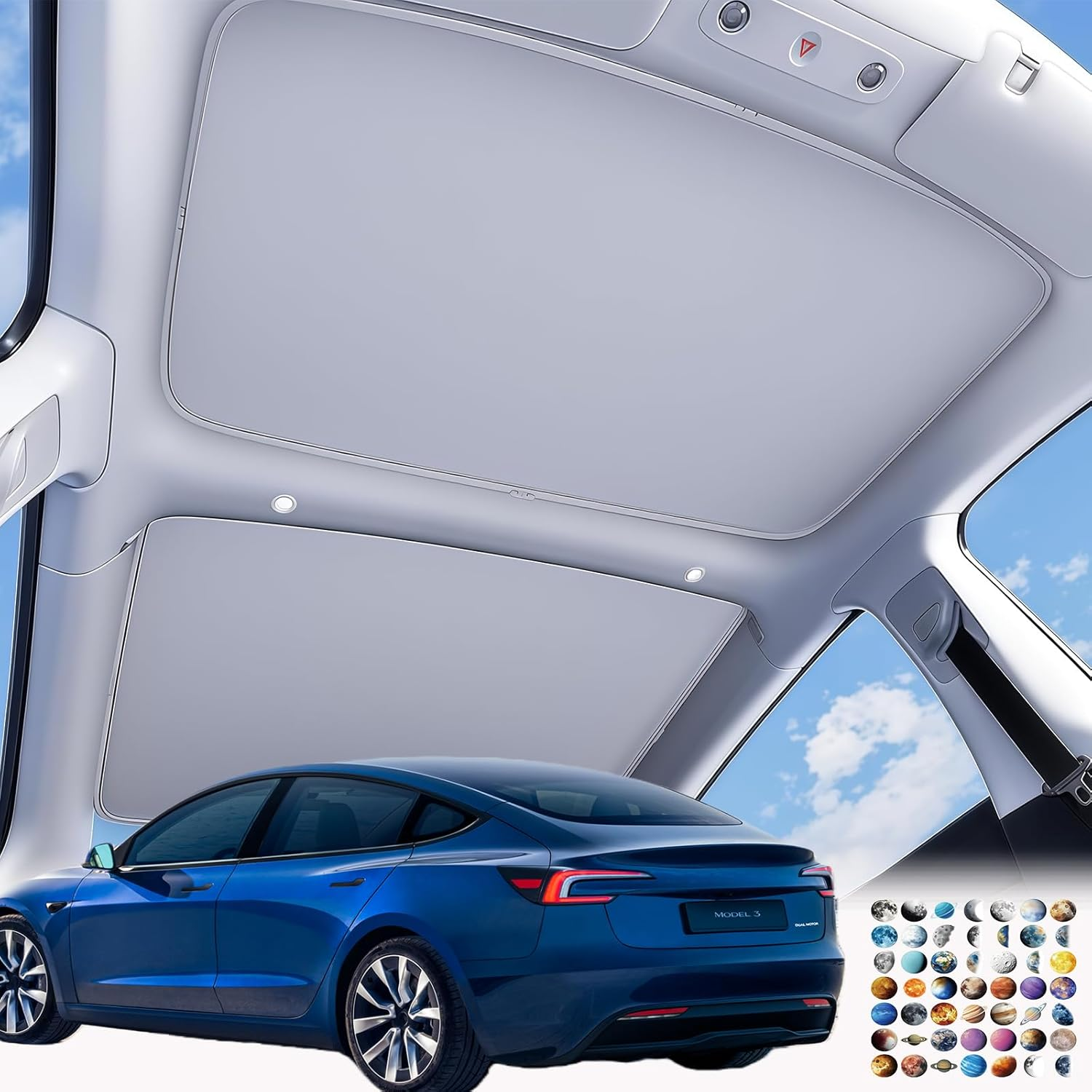 Tesla Model 3 Roof Sunshade,Nano Ice-Crystal Coatings,High-Strength Memory Metal Frame,Fit Panoramic Glass Roof Sun Shade,Accessories for Tesla Model 3 2025&ndash;2024 Highland,2Pcs(Gray)