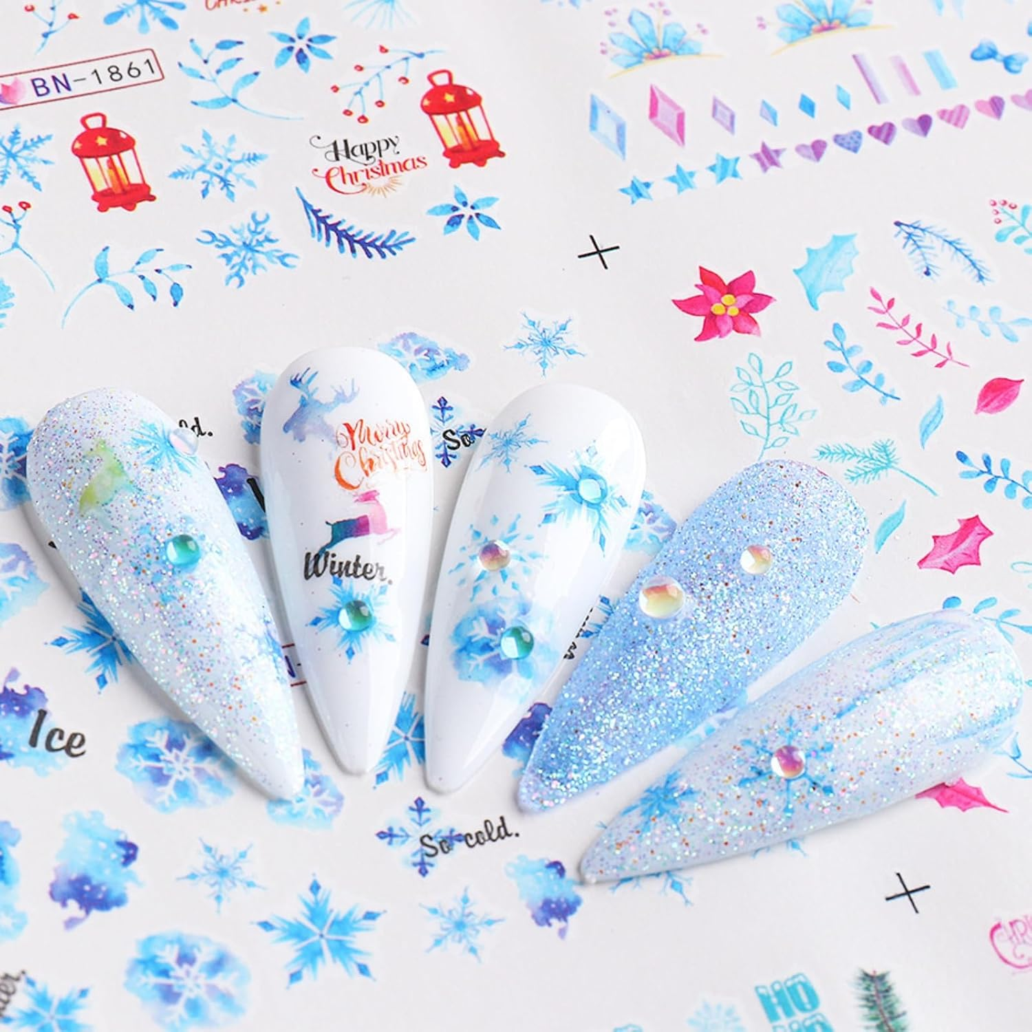 Itadaku 1 Sheet Christmas Nail Stickers, Snowflake, Santa, Elk, Transfer Decals for Winter Art, Xmas Nail Decorations for Women & Girls image number 1