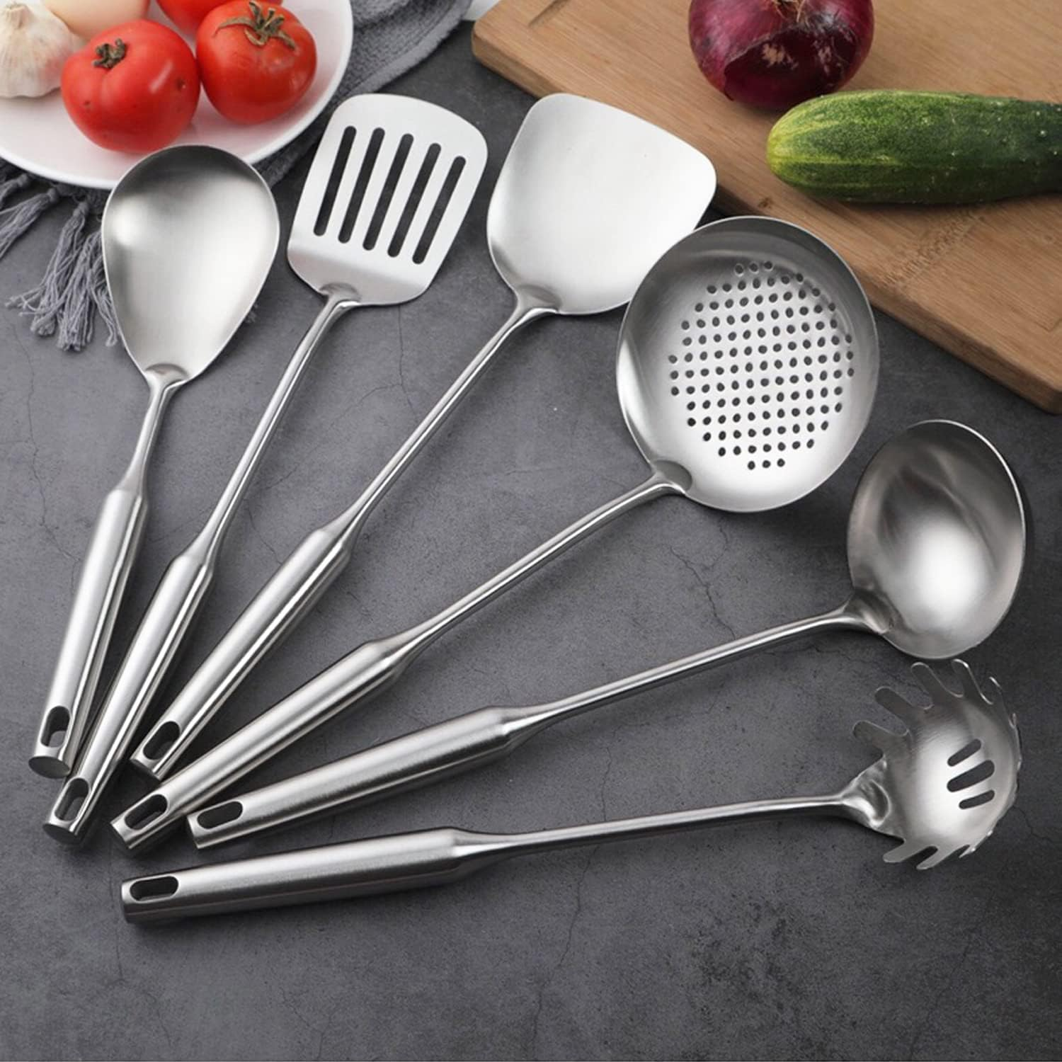Kitchen Utensils Set Stainless Steel, 6 Pcs Professional All Metal Cooking Utensils Set, Wok Spatula, Ladle, Skimmer, Slotted Spatula Tunner, Spaghetti Spoon, Large Spoon