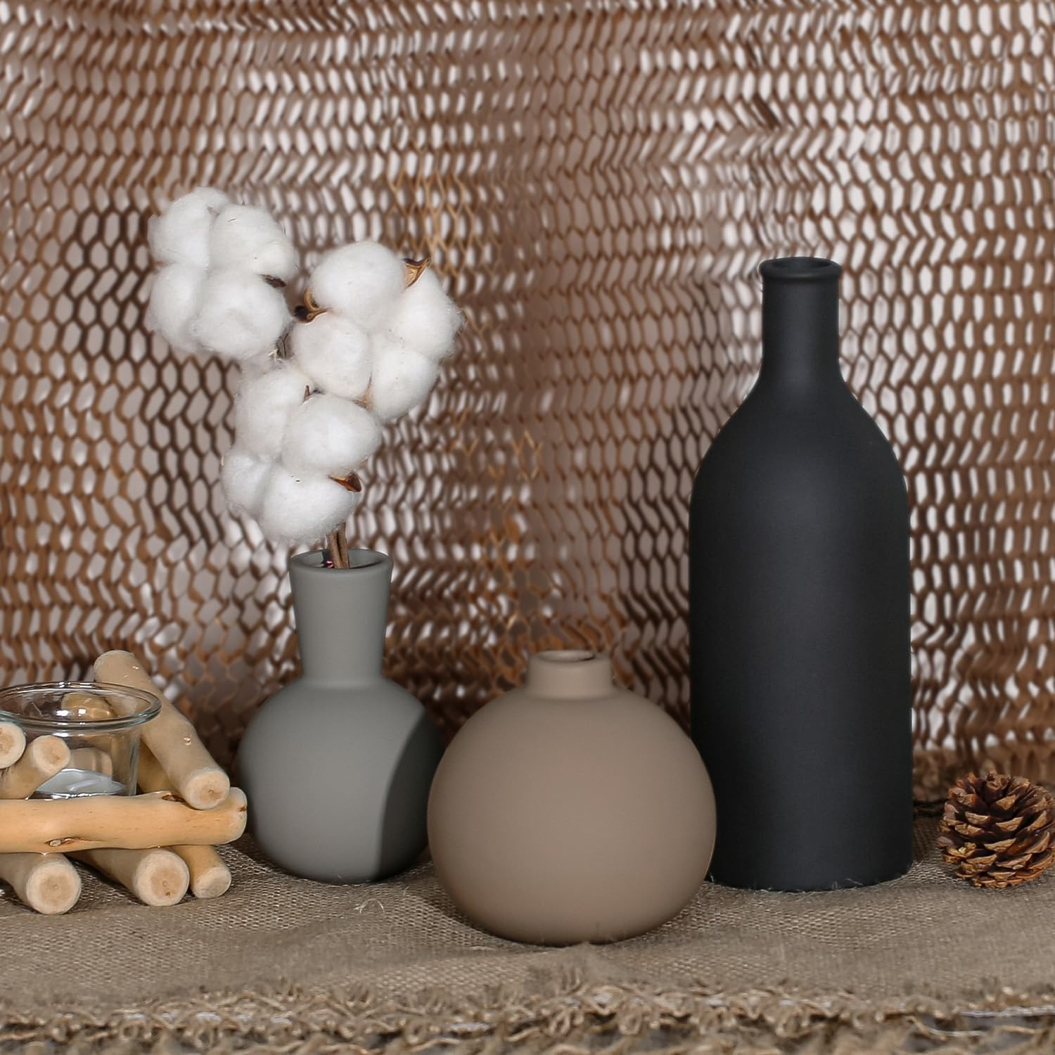 Ceramic Vase - Handmade Pottery Neutral Tone Home Decor for Floral Arrangements, Table Mantel Tray Decor - Modern Farmhouse Vases for Living Room Bedroom Kitchen Entryway (Multicolor- 3 PCS) (Black)