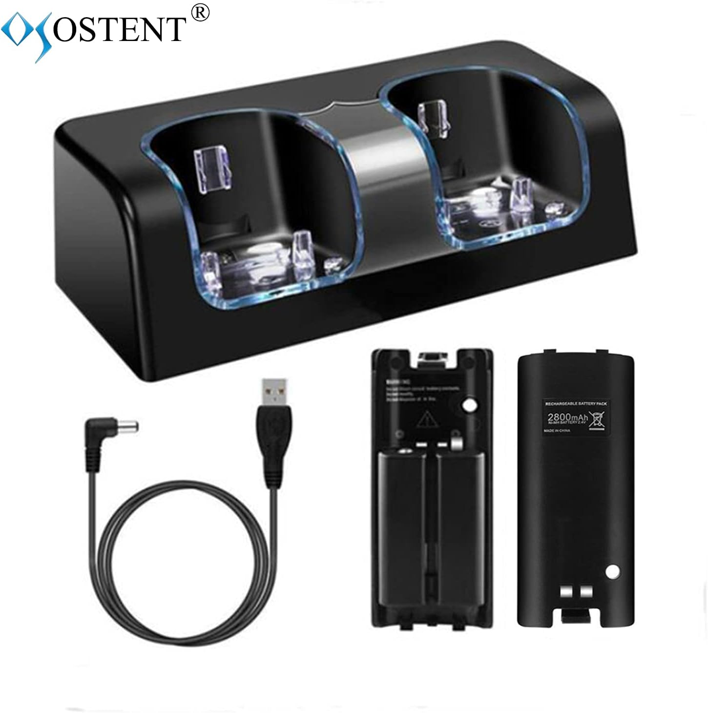 OSTENT Charger Dock Station + 2 Battery Packs for Nintendo Wii Remote Controller Color Black