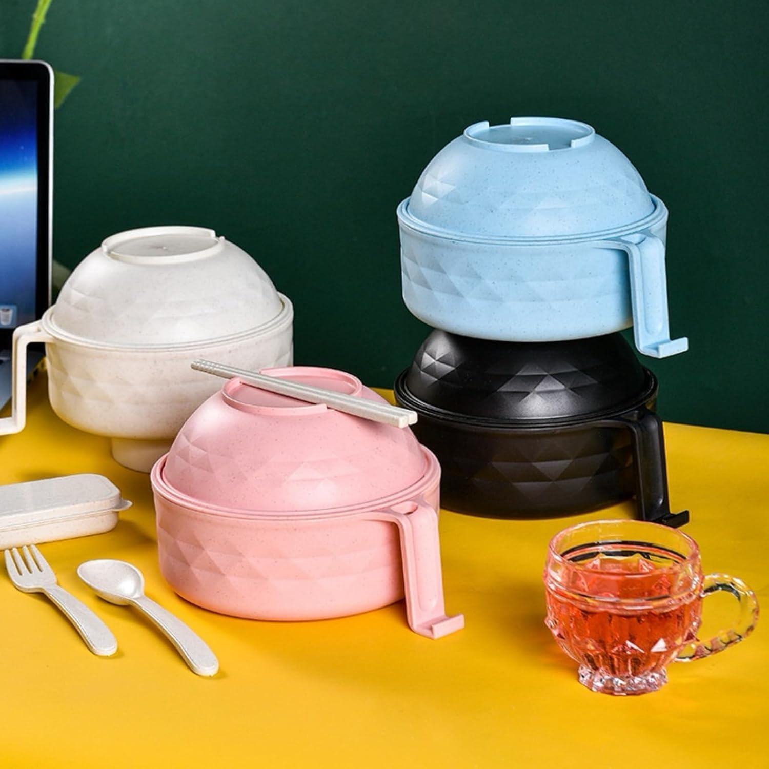 Yharnamite 6 Pcs Ramen Bowl Set, Ramen Noodle Bowls with Chopsticks, Spoon, Fork, Strainer and Lid, Microwave Ramen Cooker, Ramen Pot Set for Dorm Room, Apartment, Home, Office (Black)