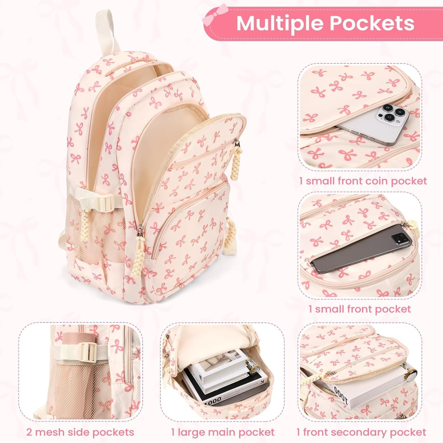 3PCS Bow School Bags for Girls, Cute Bows Backpack Set for School, Girls School Bag and Lunch Box Set, Kawaii Rucksack for Teenage Secondary Primary Middle School