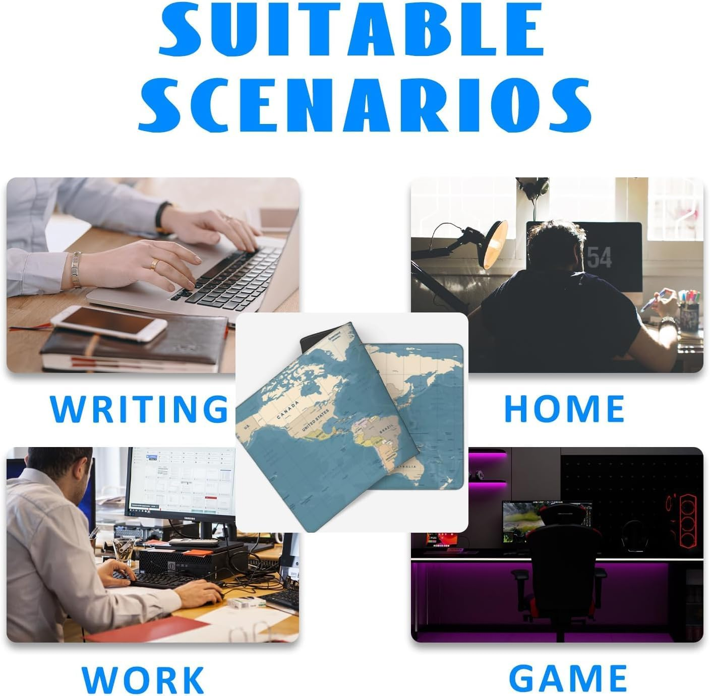 Desk Mat, Blue Vintage World Map Extended Gaming Mouse Pad Large, Big Mouse Pad with Non-Slip Base and Stitched Edge, Long Computer Keyboard Mouse Mat for Home Office Work (31.5"X11.8") image number 6