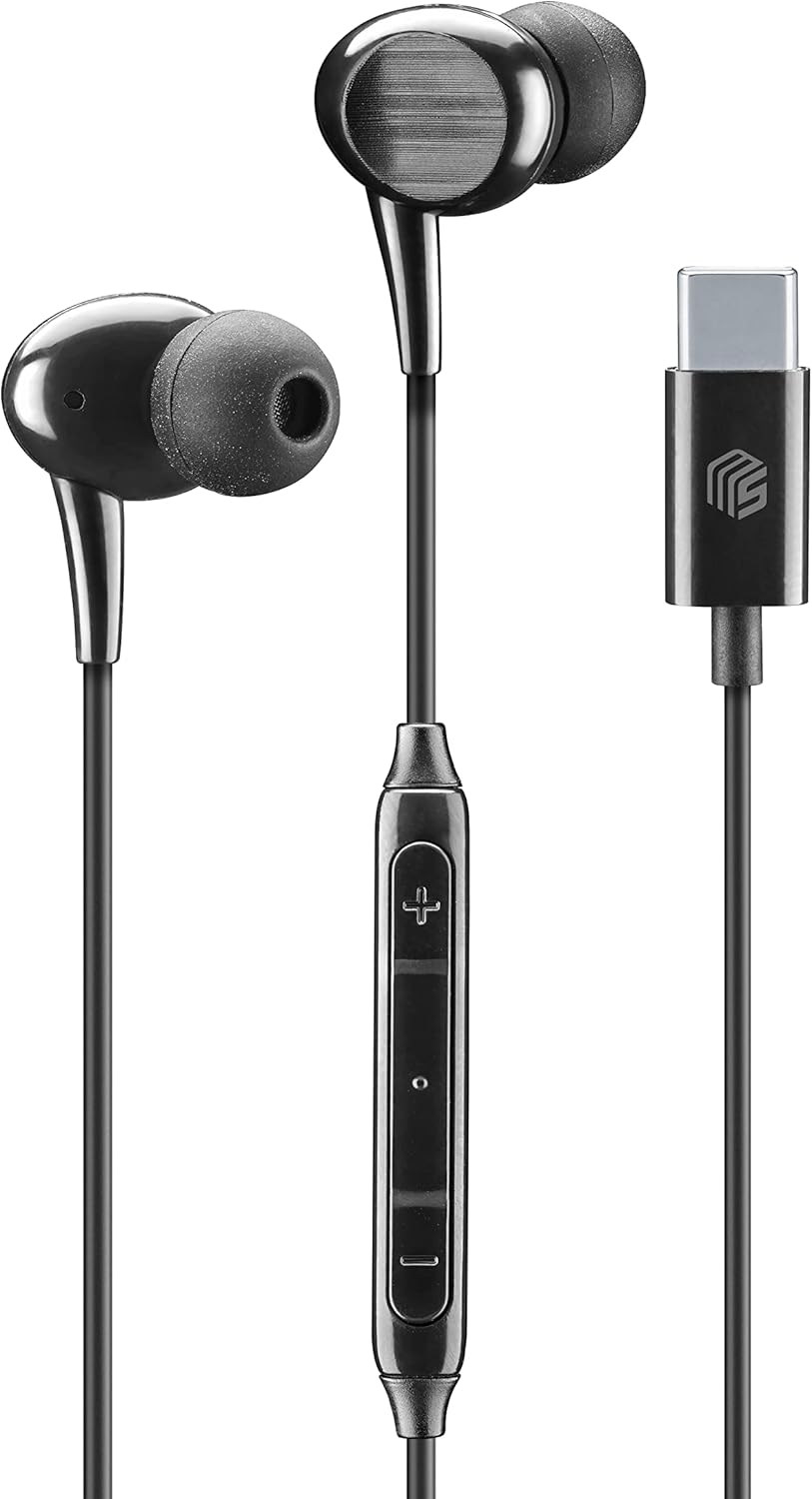 Music Sound | Intra-Auriculaires Wired Headphones | Wired Stereo In-Ear Headphones with Built-In Microphone - USB-C Port - 1.2M Tangle-Free Cable - Colour Black