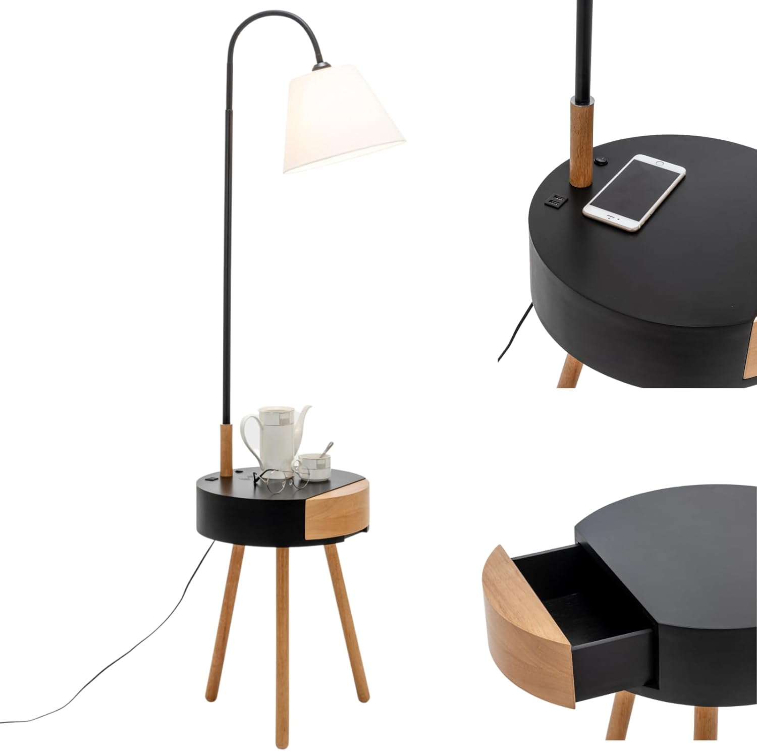 New Oriental Rubberwood Floor Lamp with Shade and Wireless Charger Shelf Storage Drawer, Natural/Matte Black image number 5