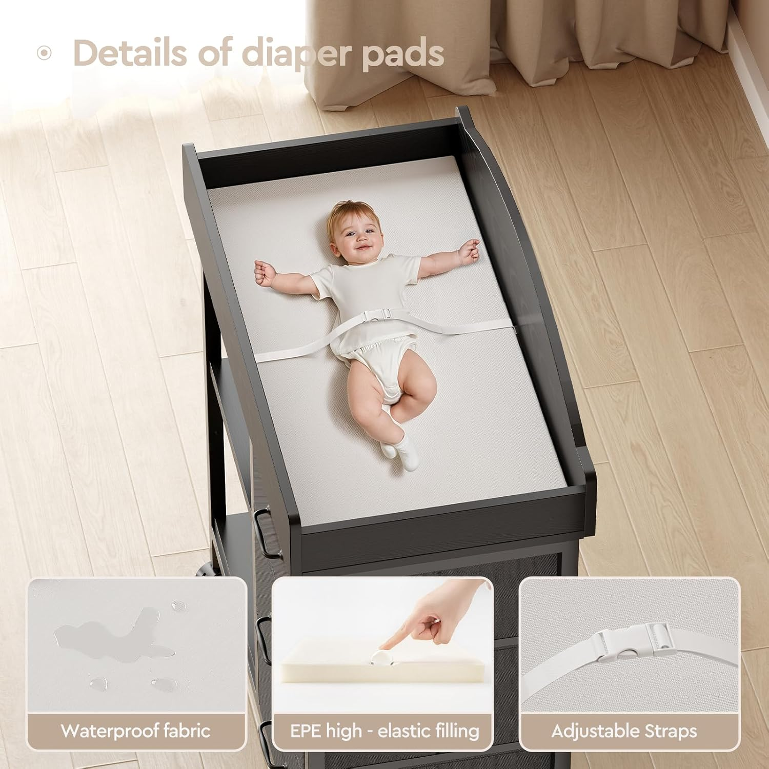 Changing Table Dresser, Baby Dresser with 3 Drawers and 2 Shelves, Multi-Functional Baby Changing Table with Pad, Classic Nursery Dresser, Diaper Changing Station for Children'S Room, Black - Lhm2 image number 7
