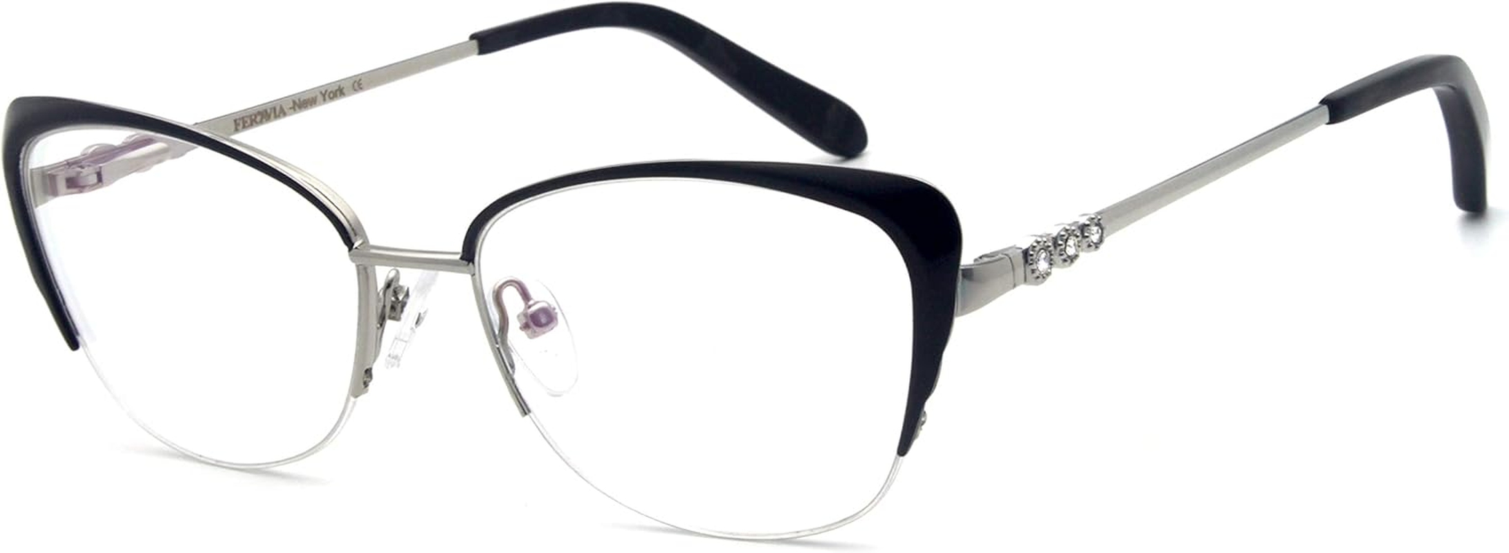 Women Glasses Stylish Half Frame with Rhinestone Cateye Eyeglasses image number 2